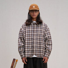 UNLIMITED MOTE Plaid Oversized Half-Open Collar Shirt Brown