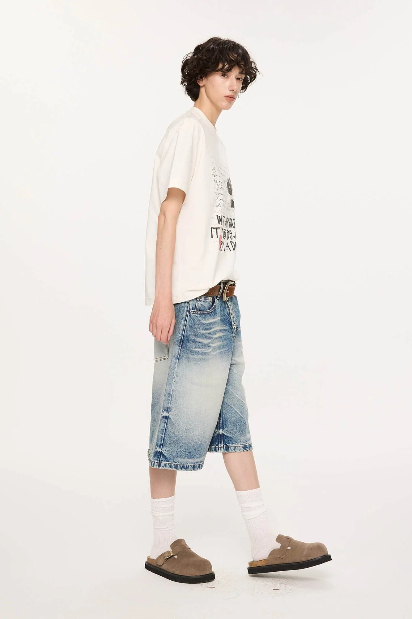 KREATE Retro Washed Button-Up Fuji-San Denim Shorts