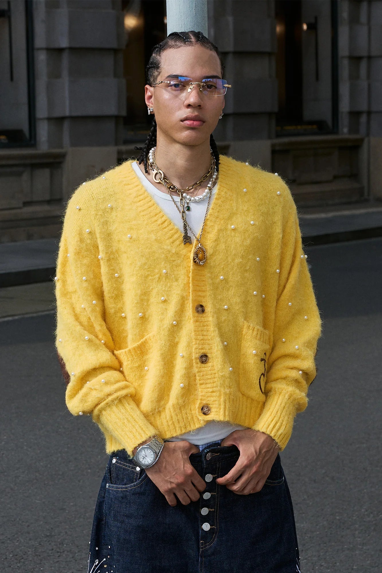 STEEPC Pearl-Studded Contrast Elbow Patch Cardigan