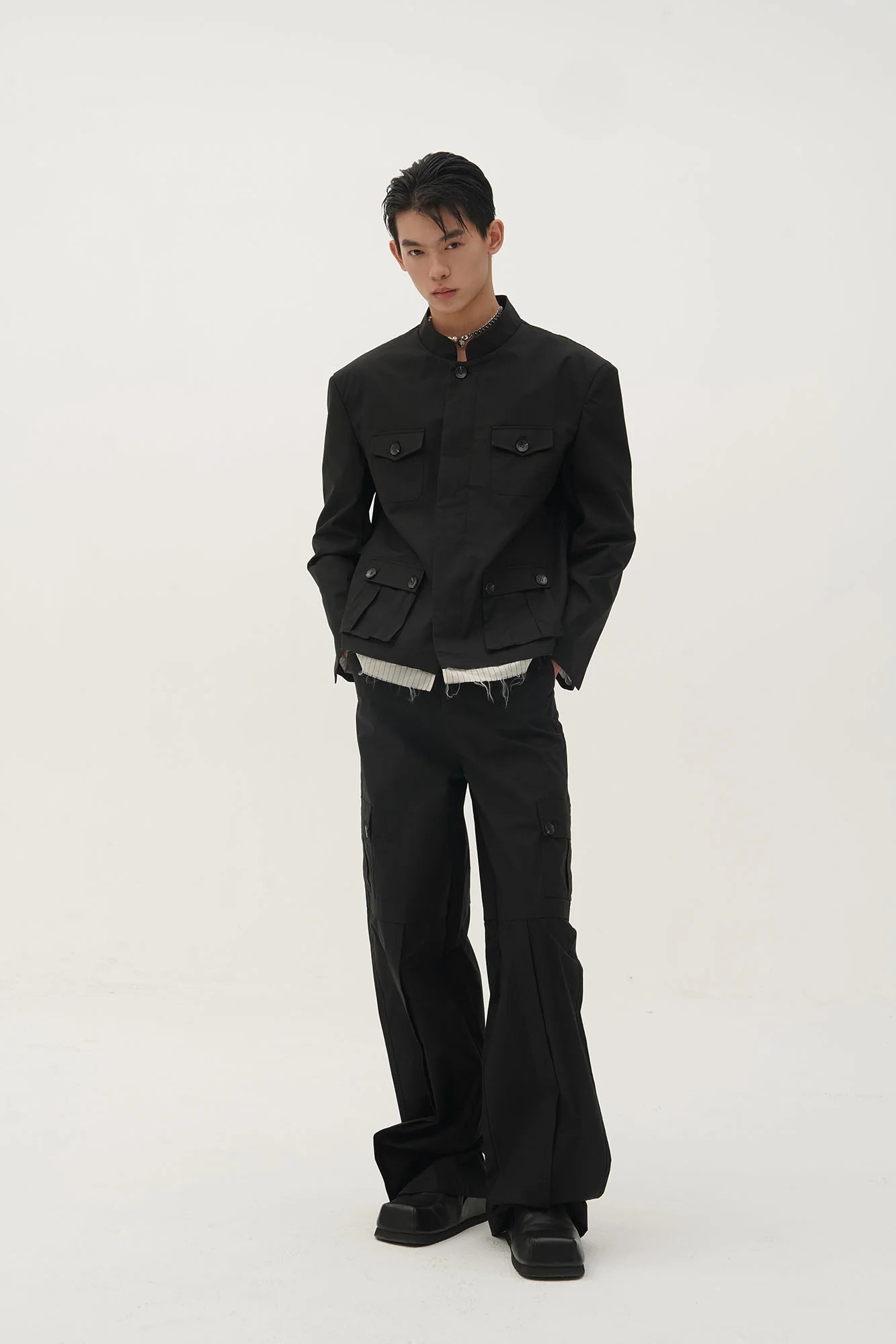 ORAL UTOPIA Faux Layered Hem Mandarin Collar Jacket
