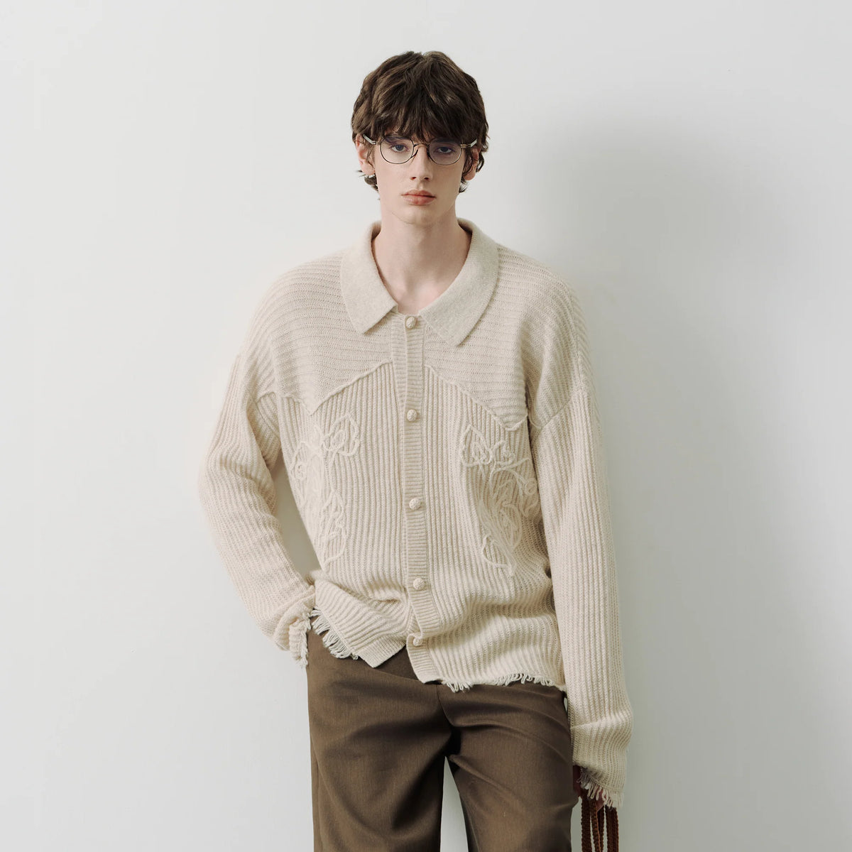SAME FLOW Floral Embroidery Fringe-Hem Rib Cardigan