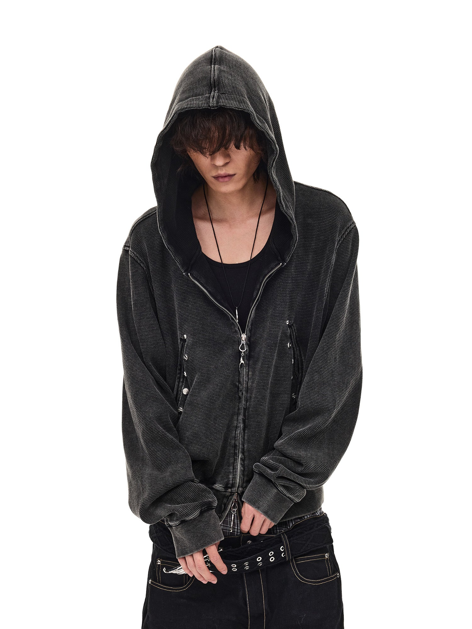 WHISTLEHUNTER Washed Waffle Studded Zip-Up Hoodie