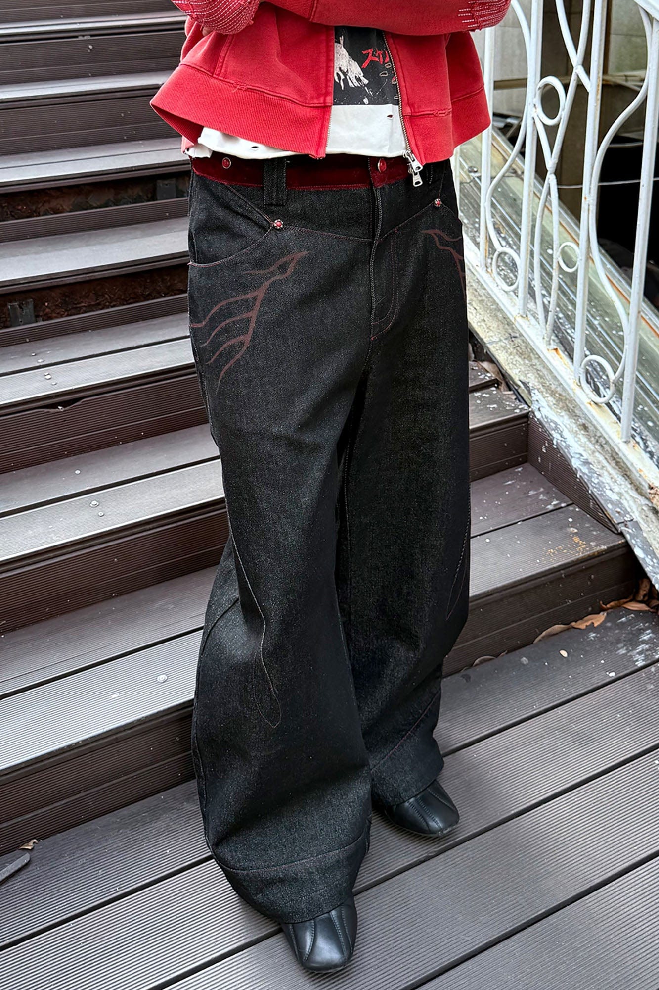 ESAIAS Vermilion Stitch Red Turquoise Curved Denim Pants