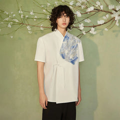 JIECHI Seascape Koi Embroidered Asymmetrical Half Shirt
