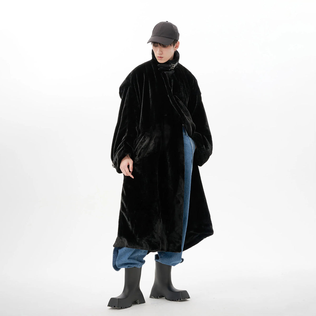 TUIMU Belted High Collar Faux Mink Overcoat