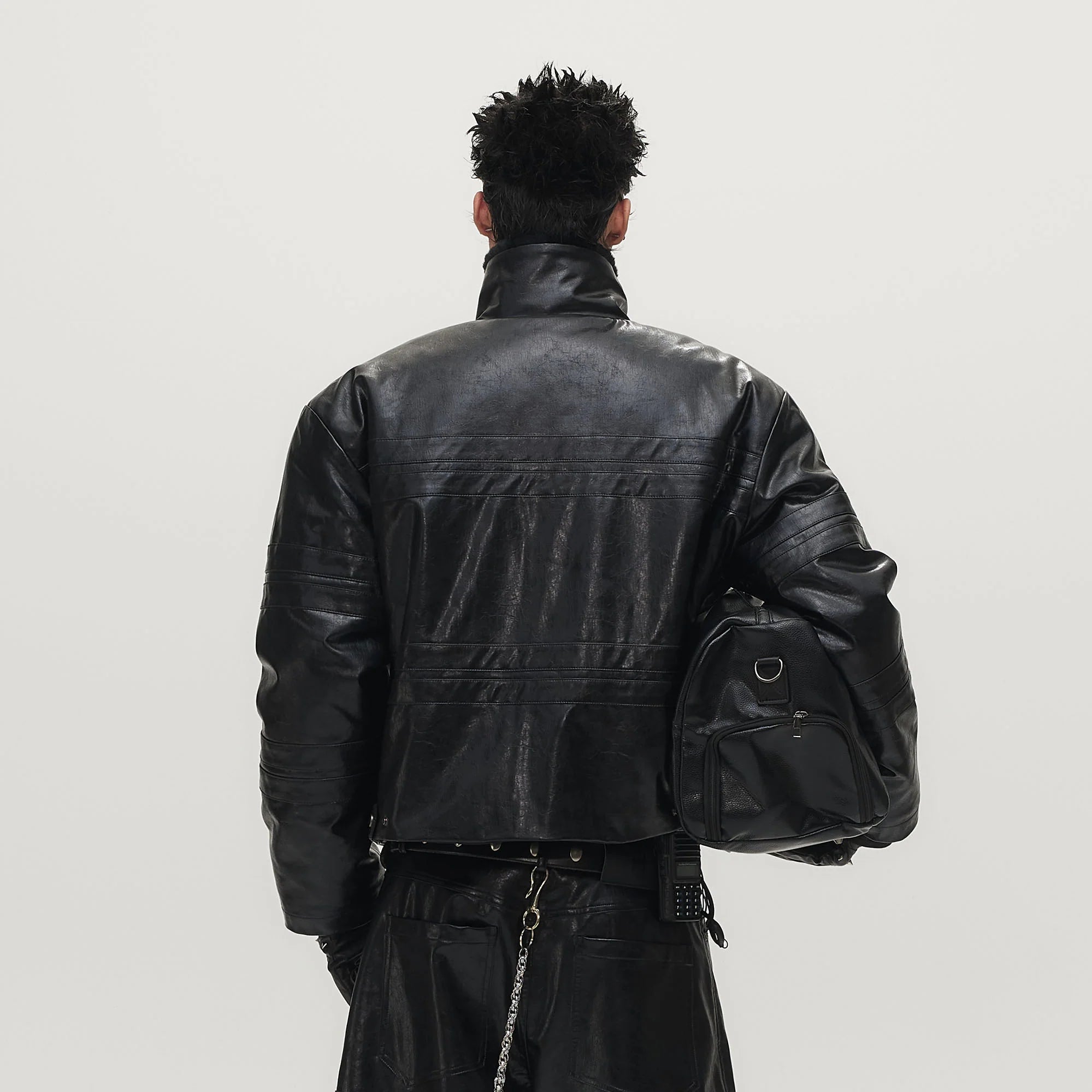 SAVAGEGROWTHWORLD Hook Buckle Faux Leather Puffer Jacket