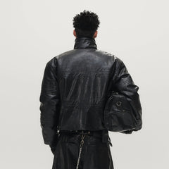 SAVAGEGROWTHWORLD Hook Buckle Faux Leather Puffer Jacket