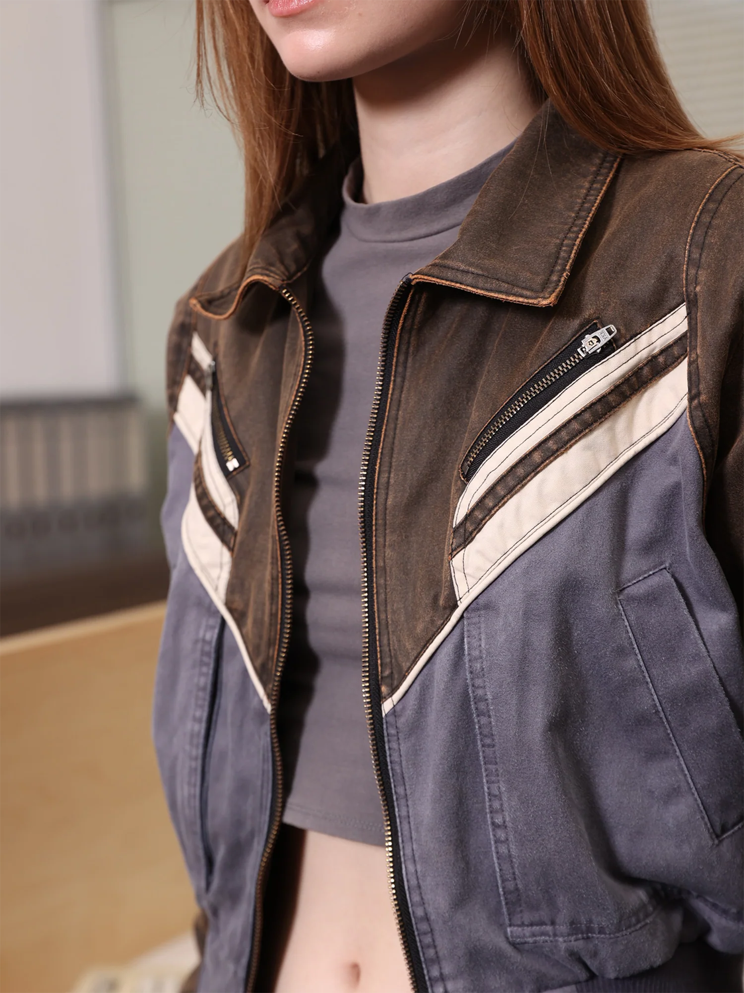 ERROR CODE ROBOT Contrast V-Stripe Washed Short Jacket