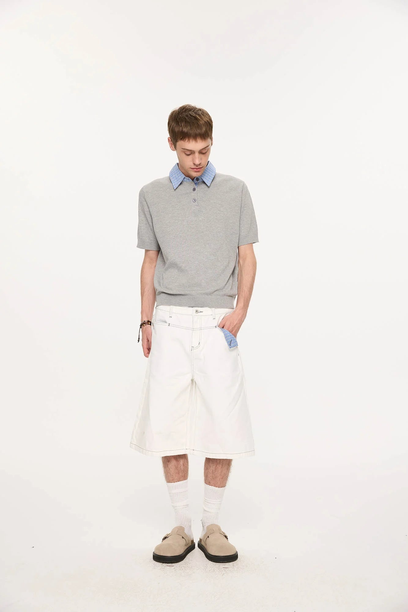 KREATE Preppy Spliced Plaid Collar Knit Polo
