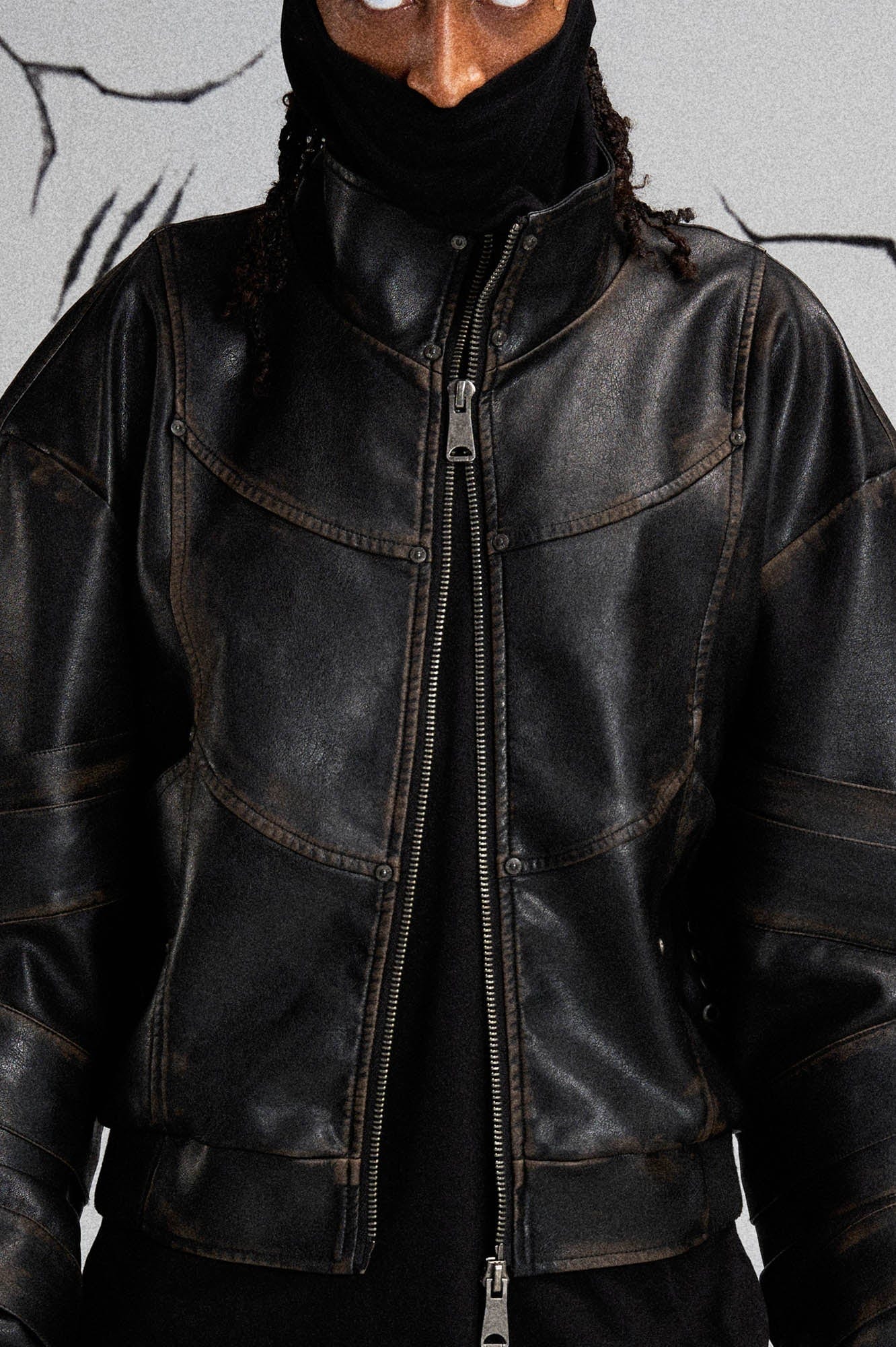 FLYERRER Mutation Layered Armor Spliced Faux Leather Jacket Black