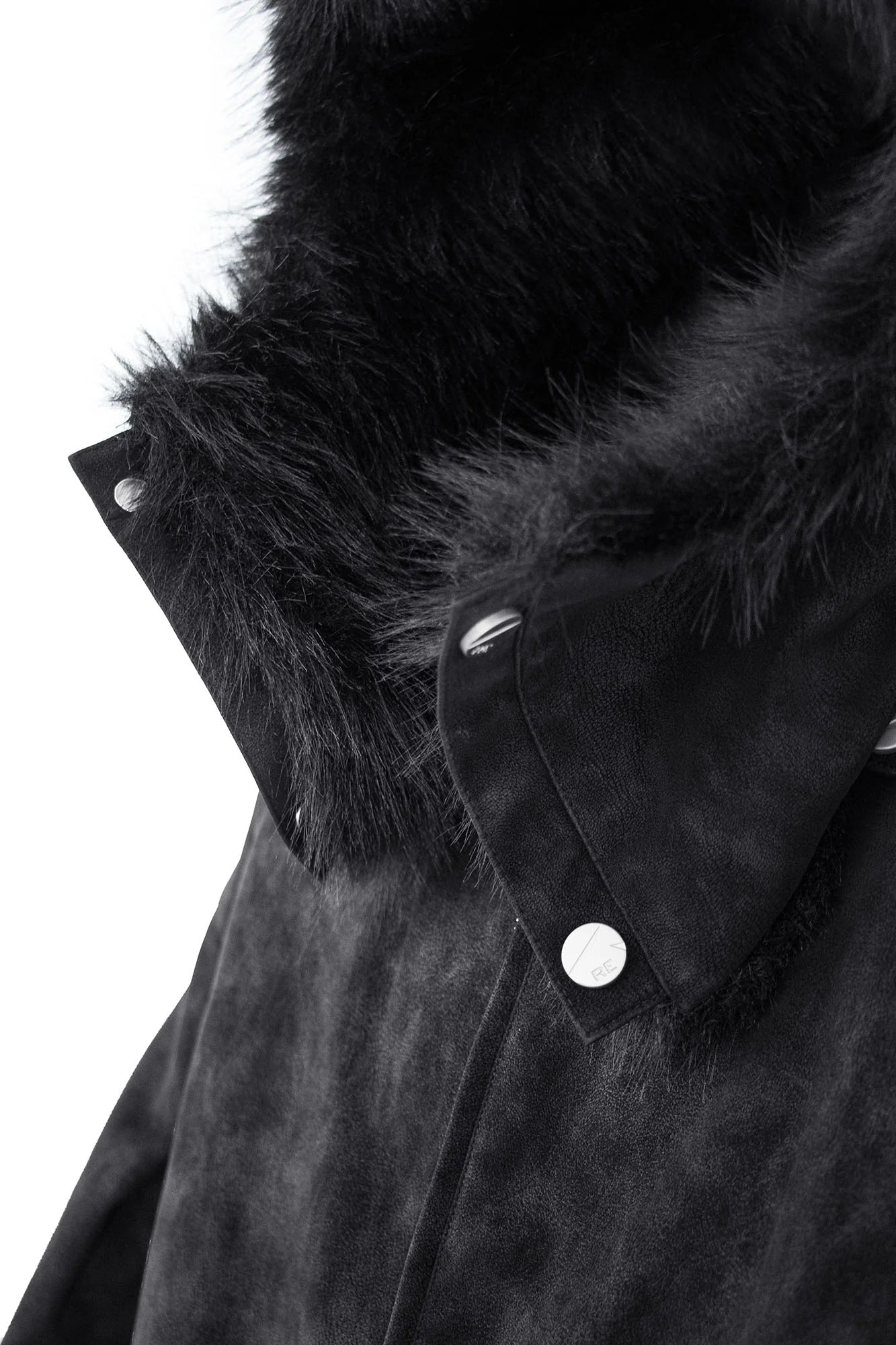 RELABEL Detachable Plush Scarf Hooded Suede Jacket Black