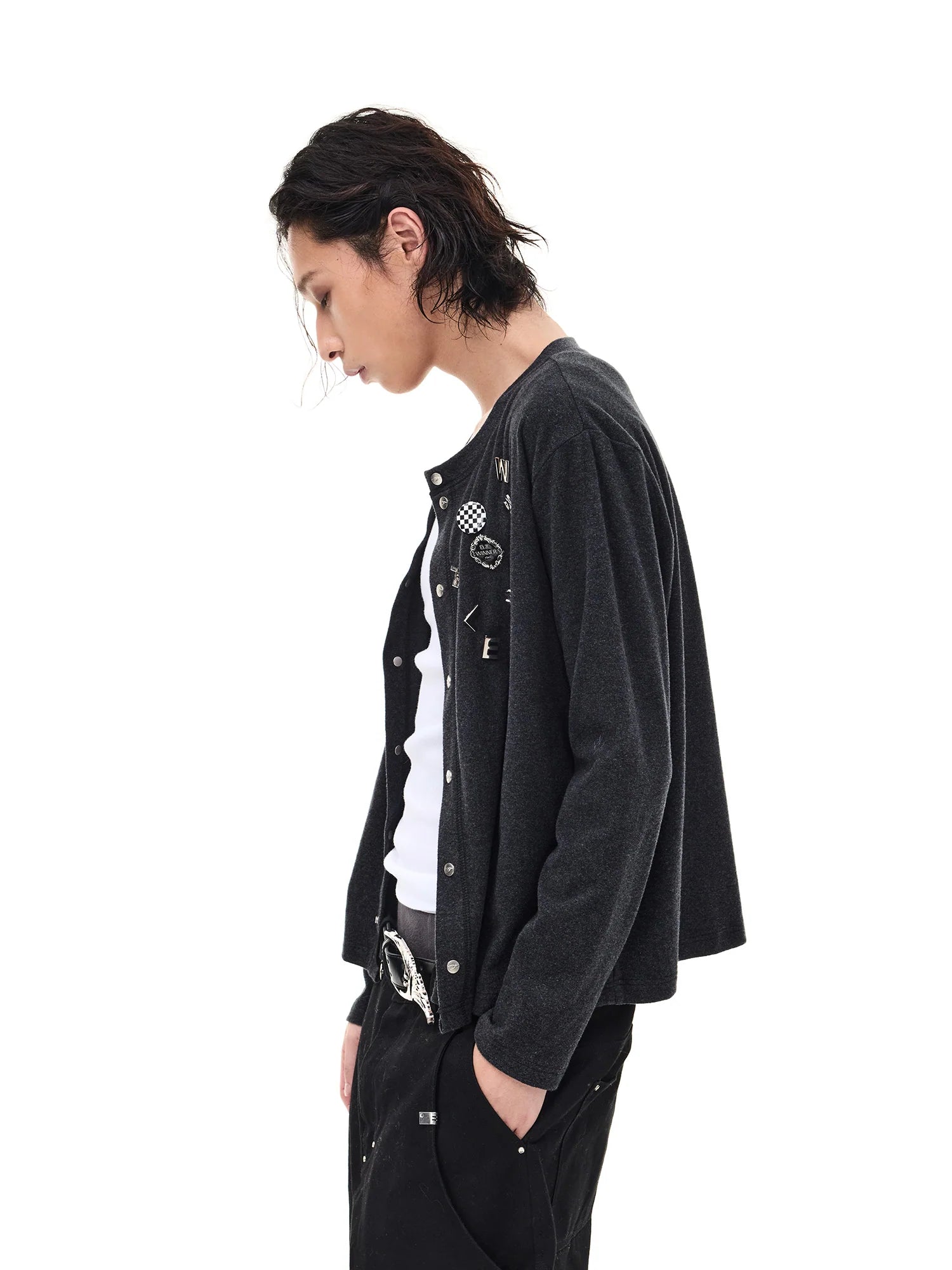 WHISTLEHUNTER Monogram Pin Wool-Blend Snap Cardigan