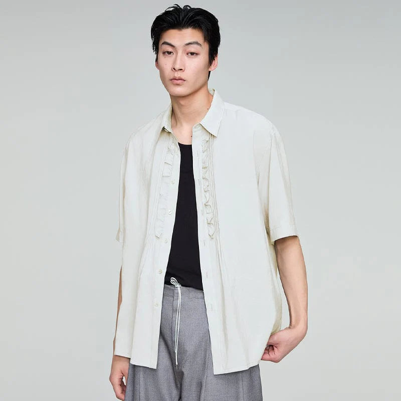 OPICLOTH Retro Pintuck Ruffle Modal Blend Half Shirt