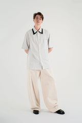 WIID Striped Contrast-Collar Tie-Neck Half Shirt
