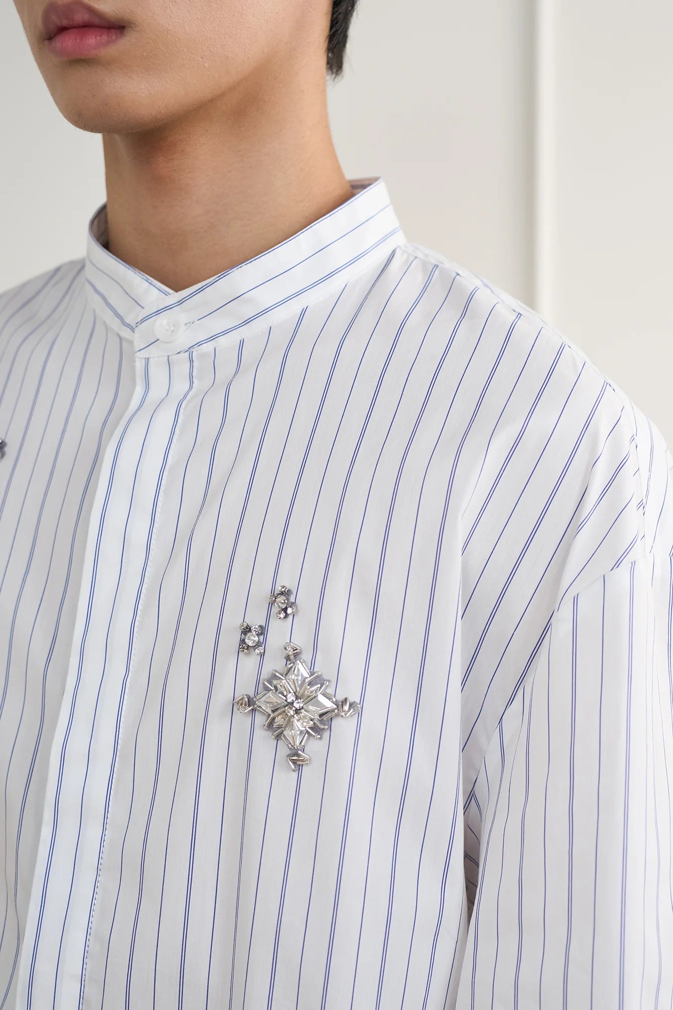 ORAL UTOPIA Silver Embellished Striped Mandarin Collar Shirt