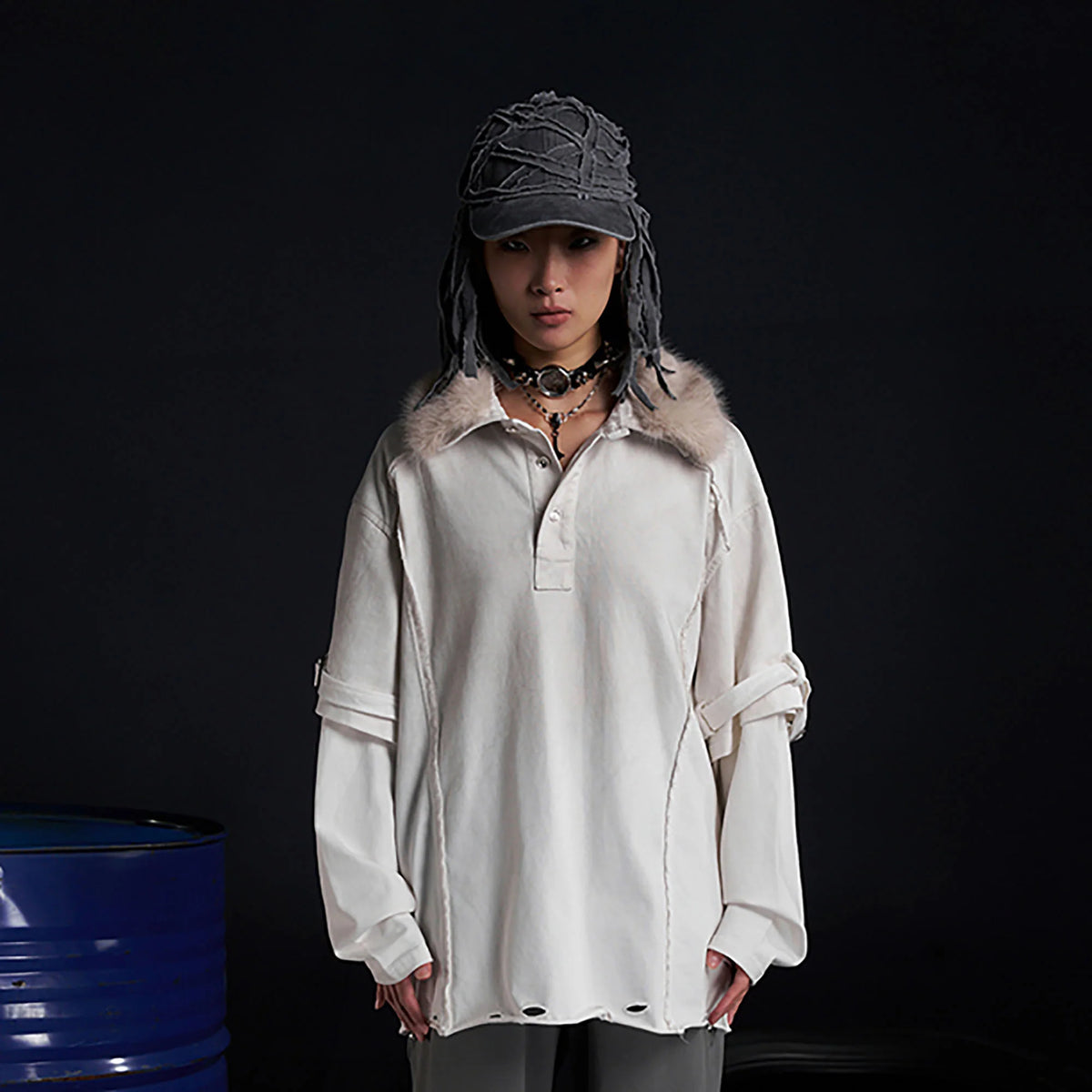 RECOVER ZONE Detachable Faux Fur Collar Long Sleeve Shirt