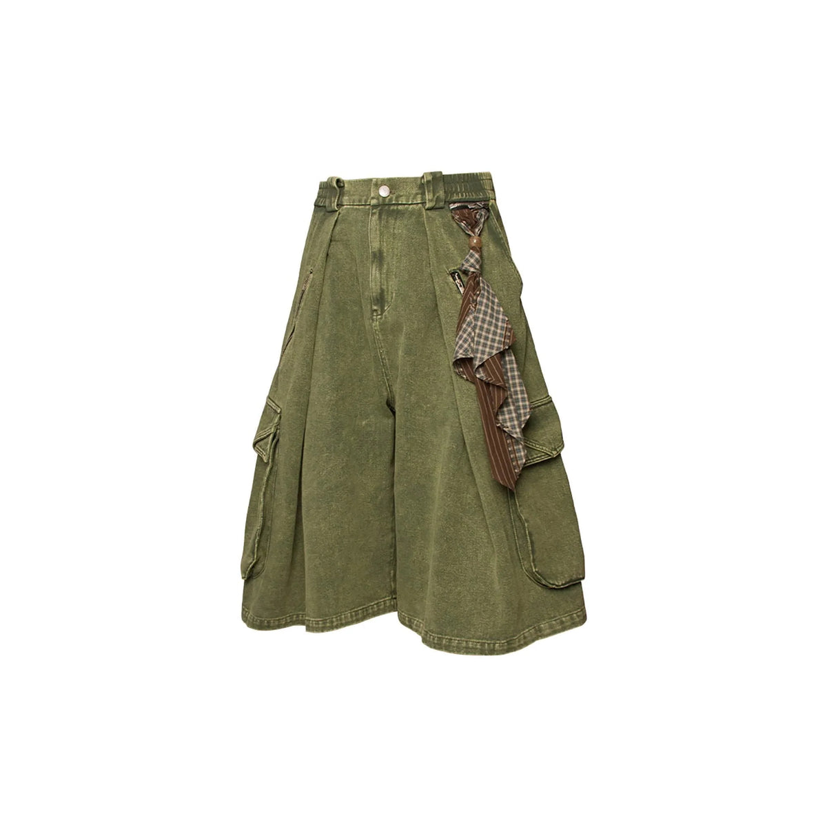 RELABEL Detachable Scarf Washed Multi-Pocket Wide-Leg Shorts Green