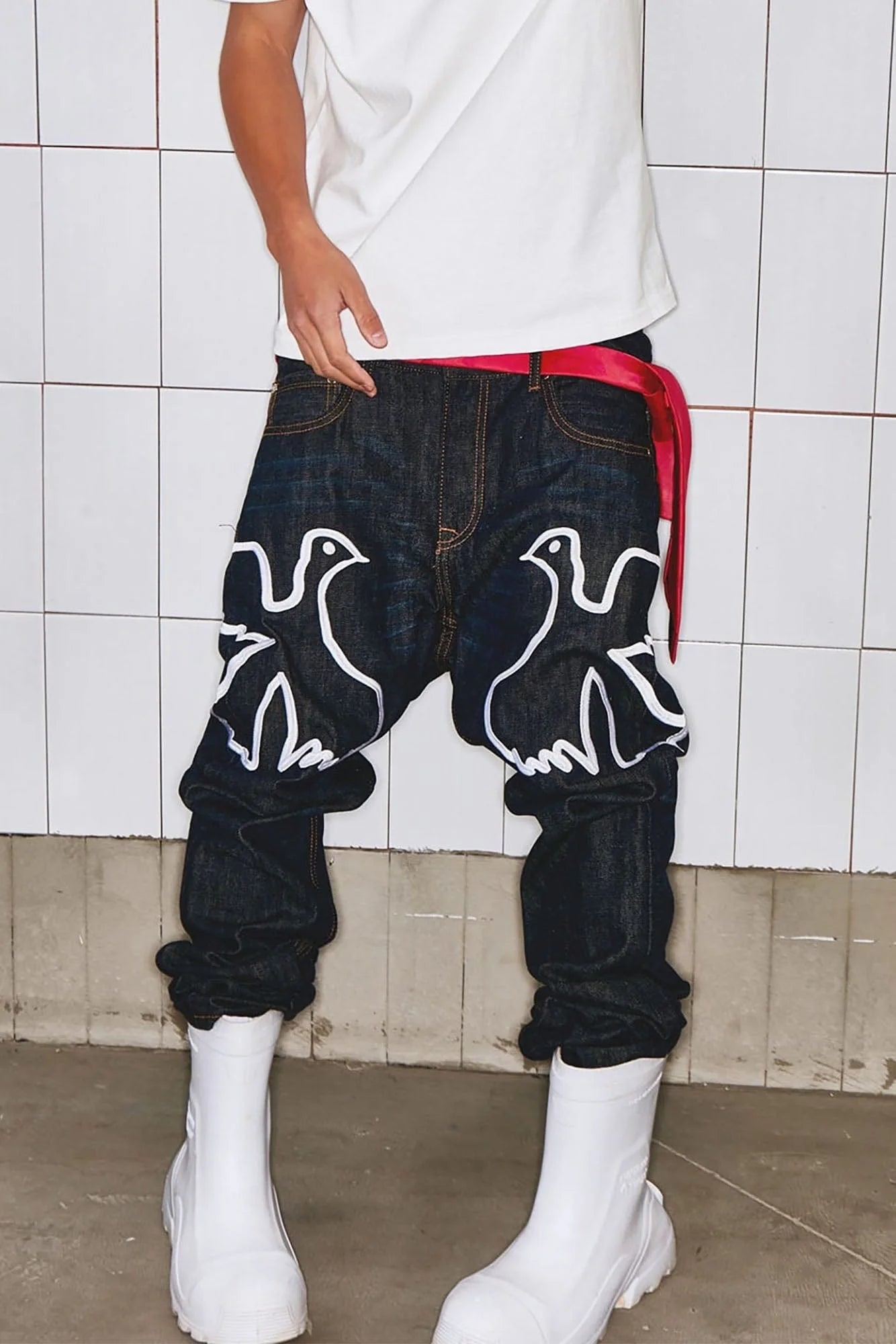 VINKID Peace Dove Embroidery Raw Jeans
