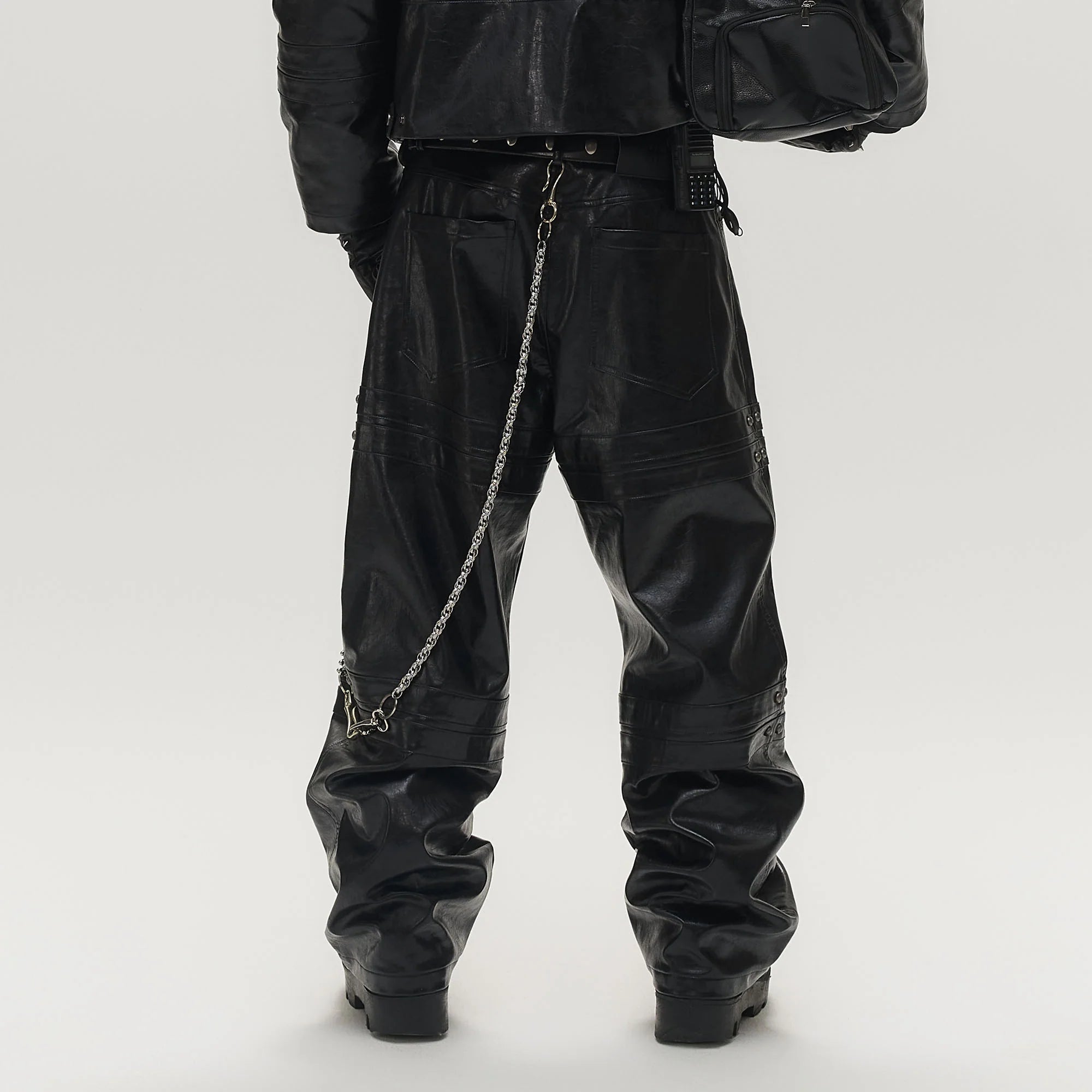 SAVAGEGROWTHWORLD Faux Leather Panel Rivet Pants