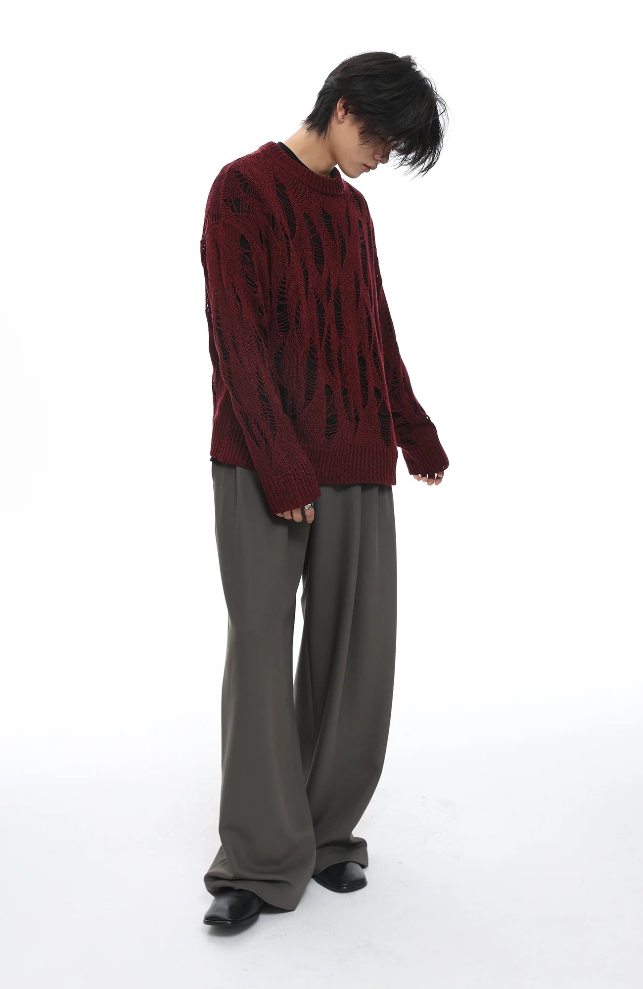 ROARINGWILD A ARCH Distressed Hollowed-Knit Sweater
