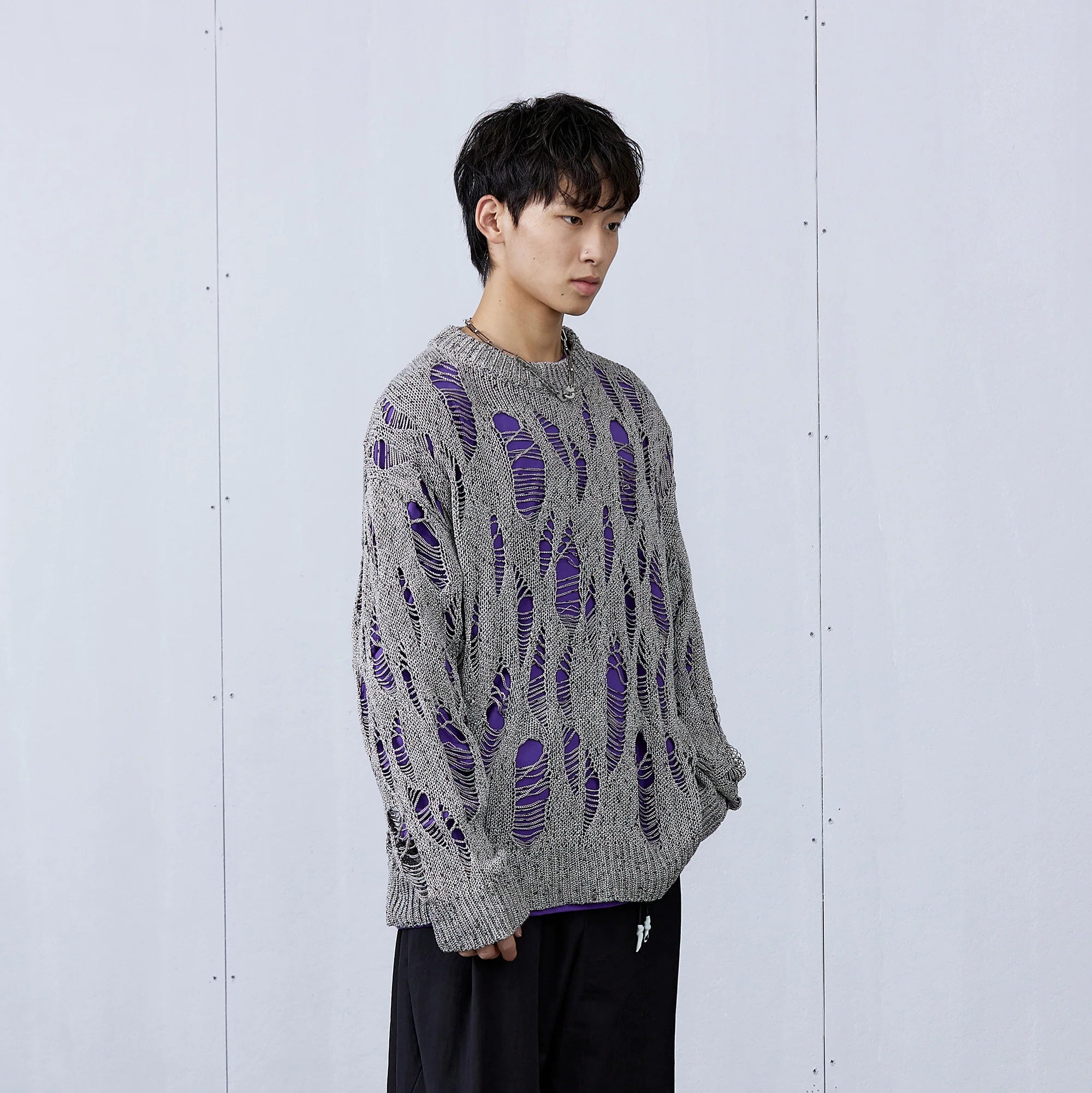 ROARINGWILD A ARCH Distressed Hollowed-Knit Sweater