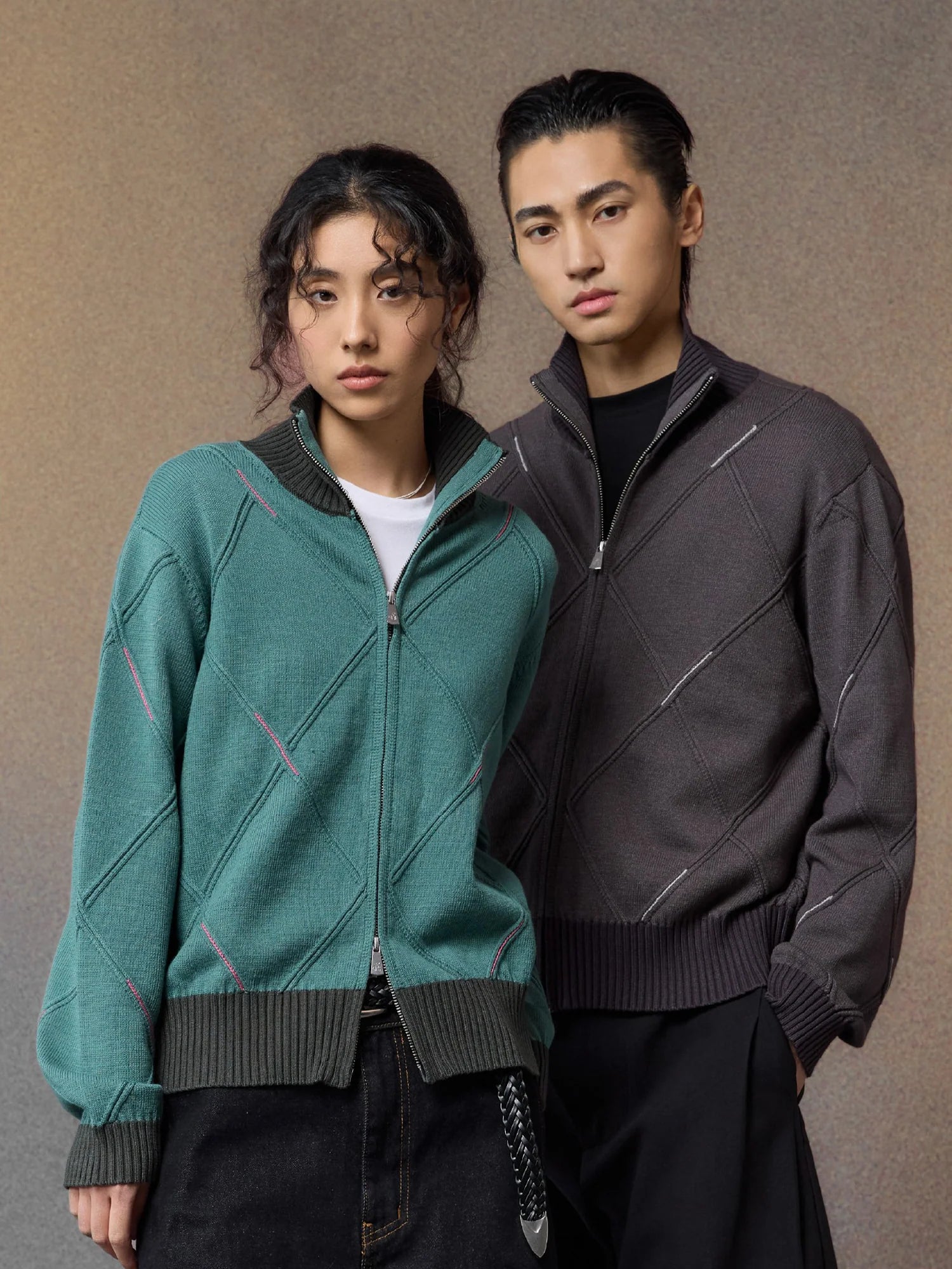 ALVNG AR ANTS Geometric Stitch Zip-Up Sweater