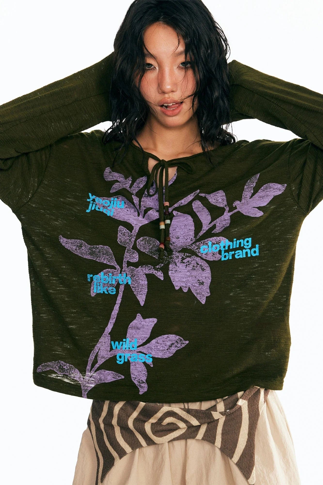 1997 POSTOFFICE Sesame Leaves Drawstring Neck Long-Sleeve Tee