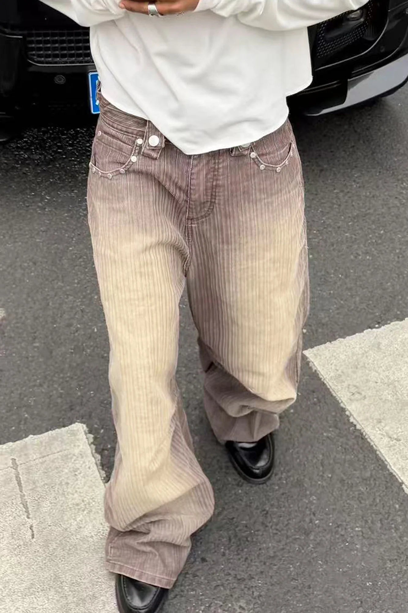 STEEPC Washed Striped Corduroy Studded Wide-Leg Pants