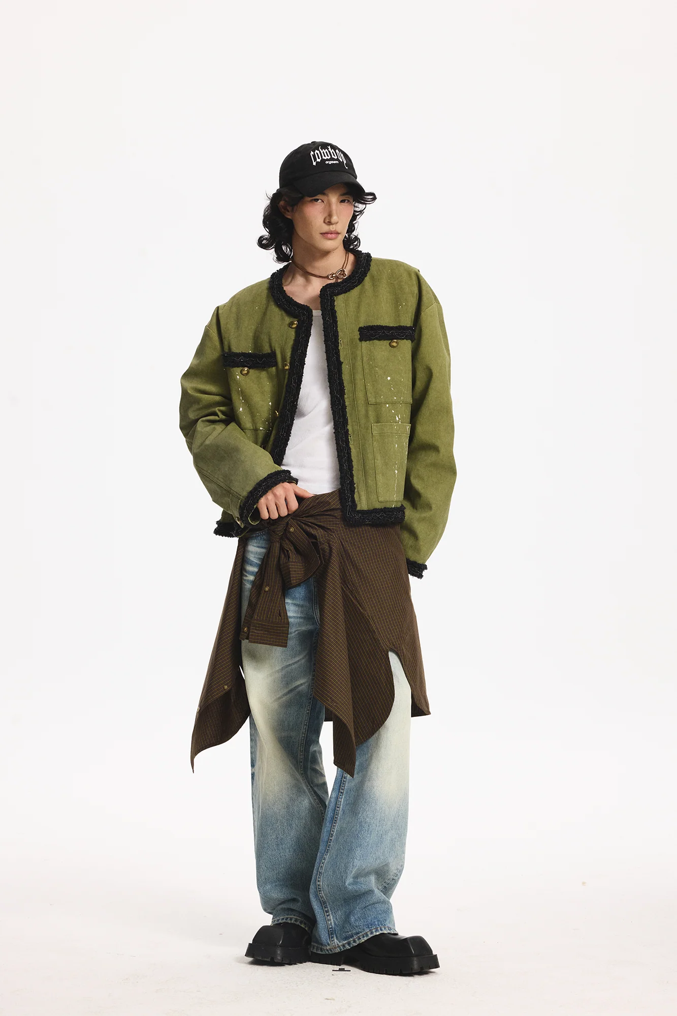 LEONSENSE Paneled Fleece Trim Paint-Splattered Jacket