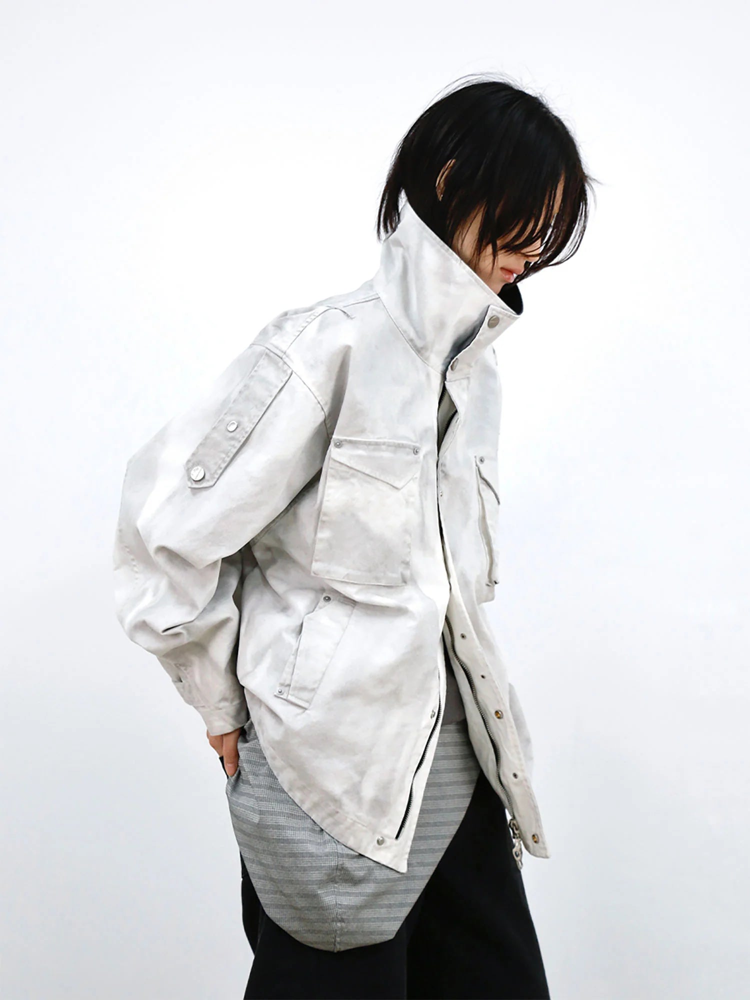 RELABEL Distressed Striped Hood Oversized Jacket
