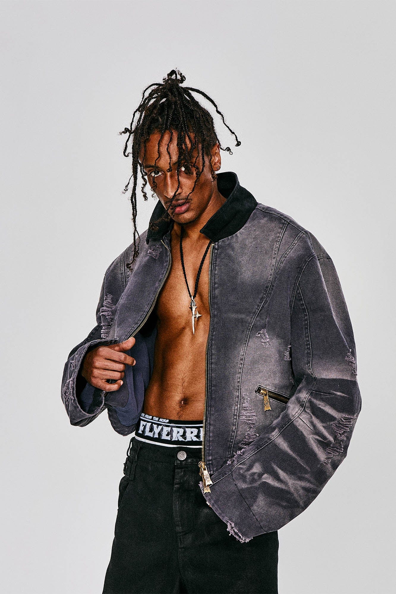 FLYERRER Distressed Curved Spliced Jacket Grey
