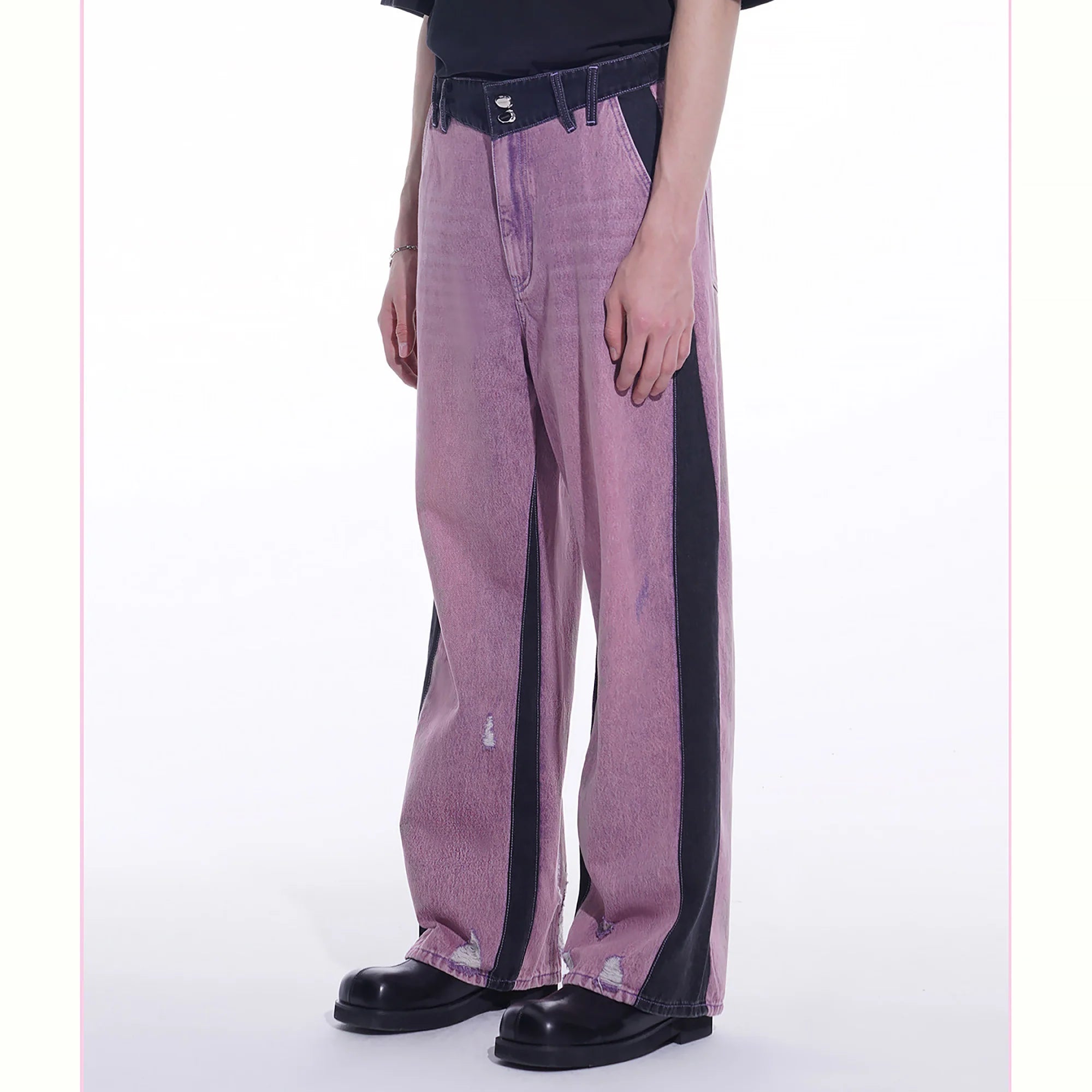TIWILLTANG Distressed Contrast Paneled Wide-Leg Jeans