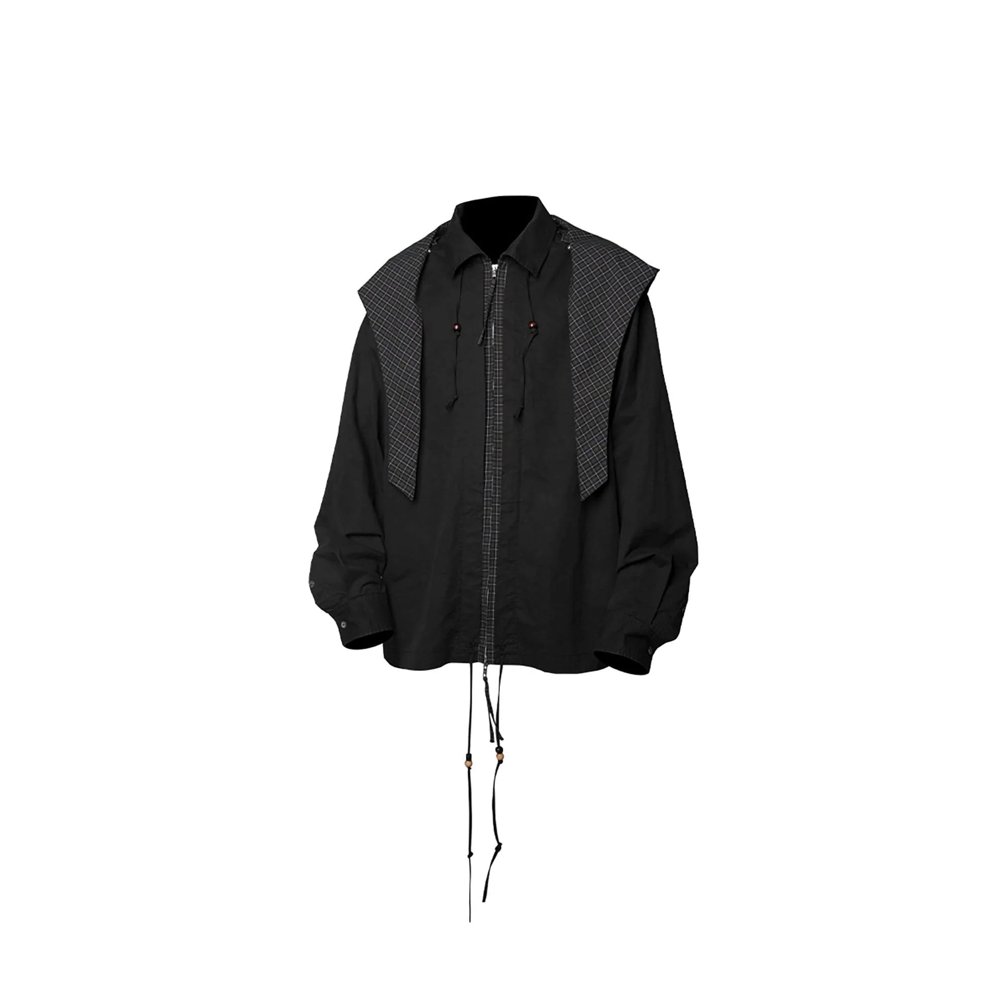 RELABEL Detachable Hood Beaded Ruched Shirt Black