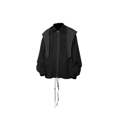 RELABEL Detachable Hood Beaded Ruched Shirt Black
