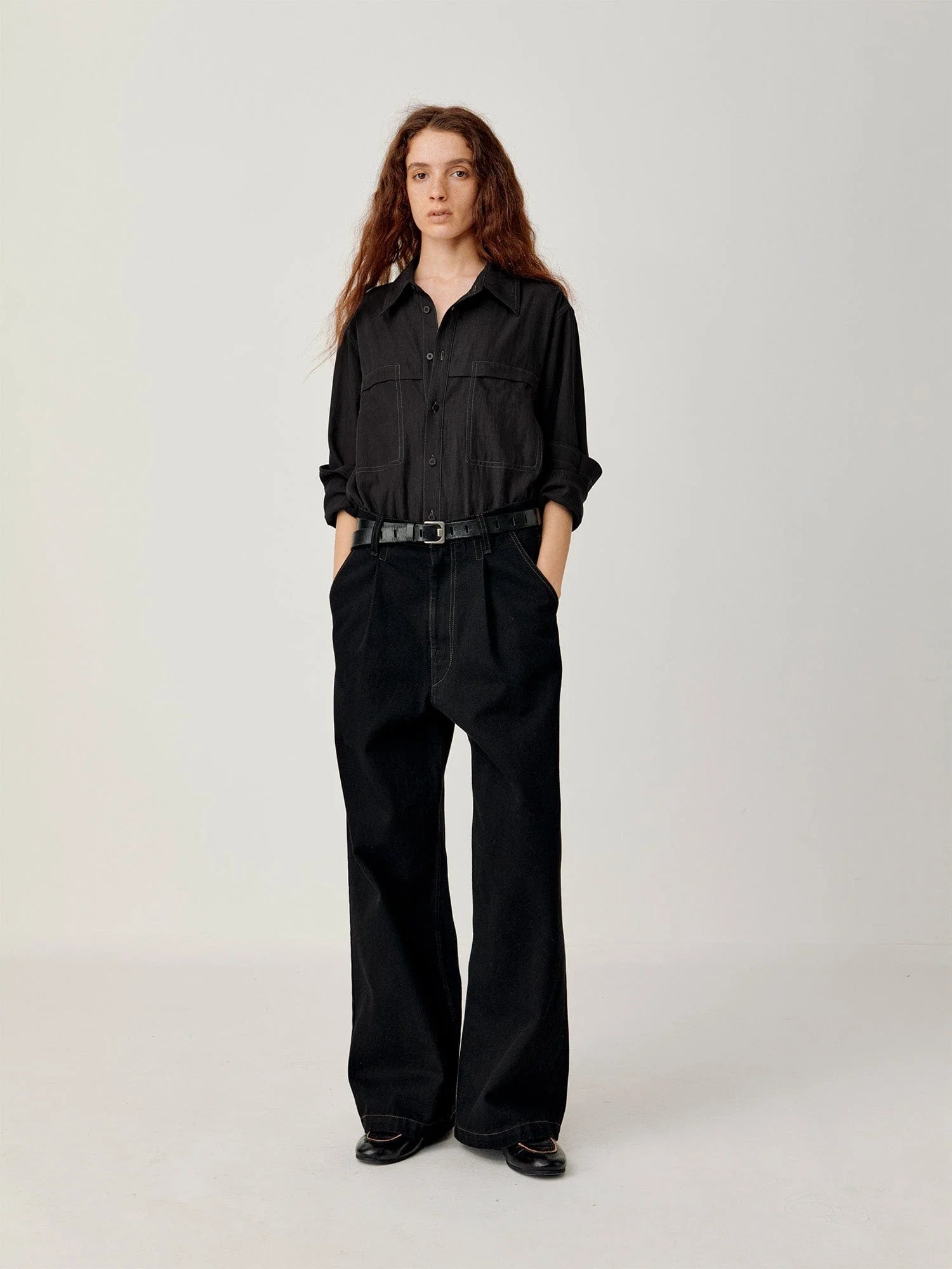 OPICLOTH Washed Contrast Stitch Wide-Leg Jeans