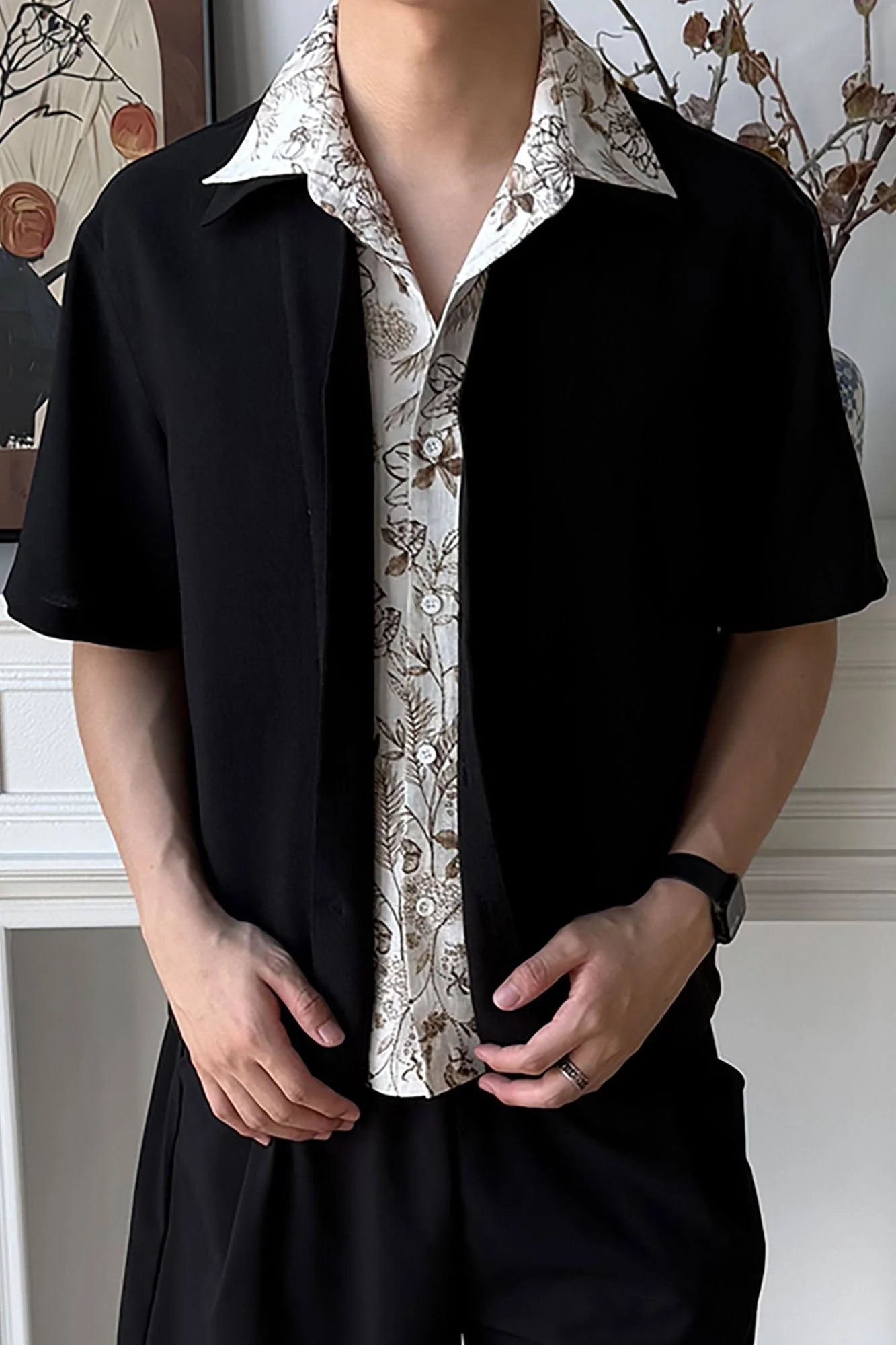 OKAYTHXBYE Double-Layer Floral Half Shirt