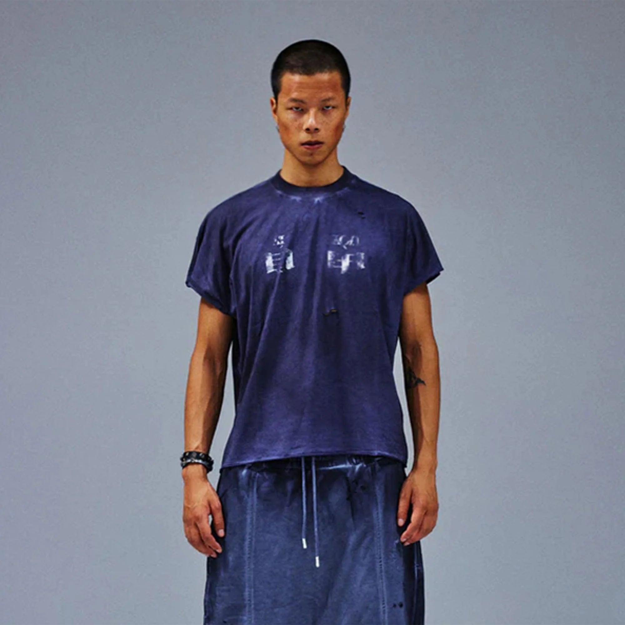 TECNINEGROUP Distressed Blue-Dyed Graphic T-Shirt