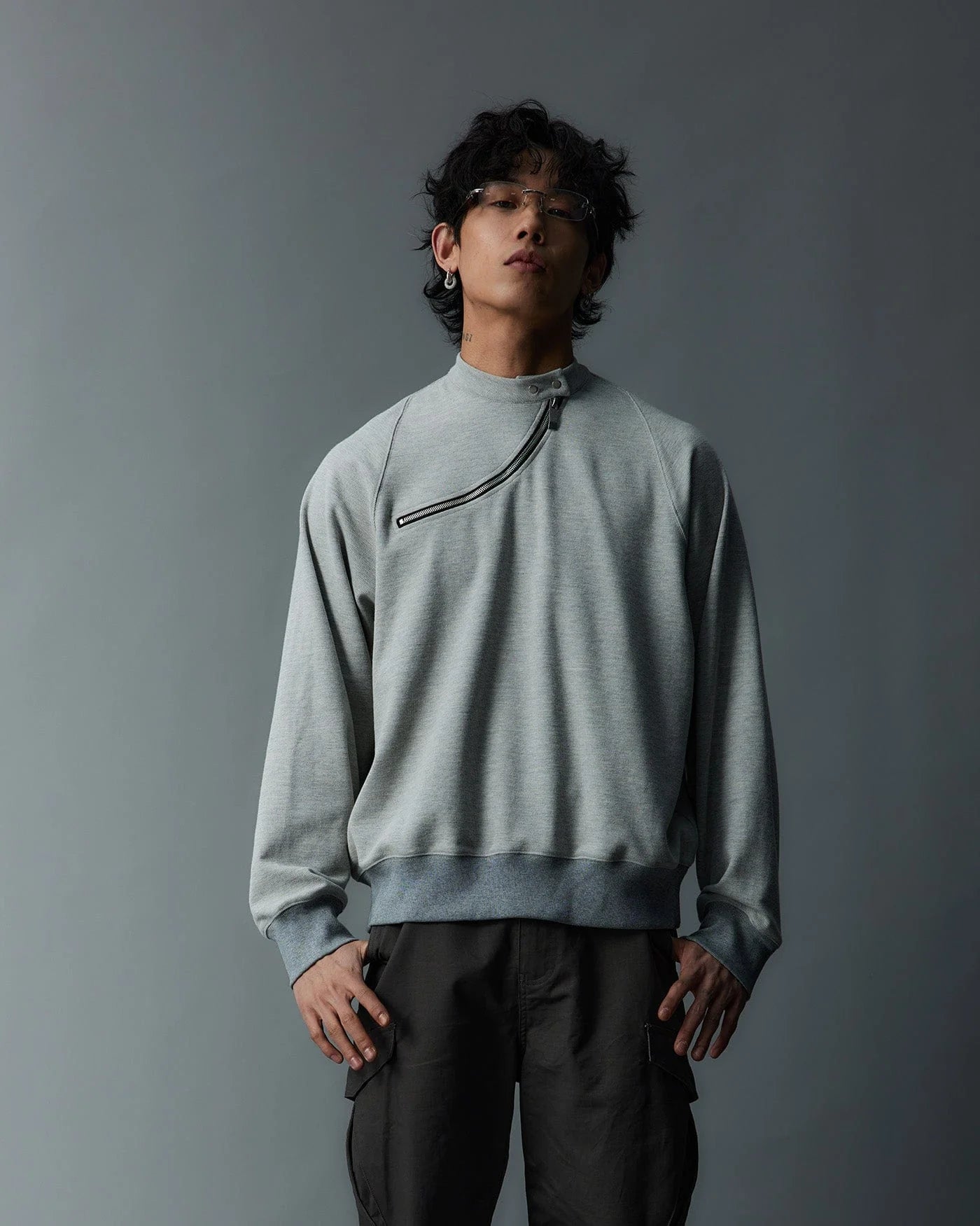 WHISTLEHUNTER Asymmetrical Zipper Rivet Mock Neck Light Sweatshirt
