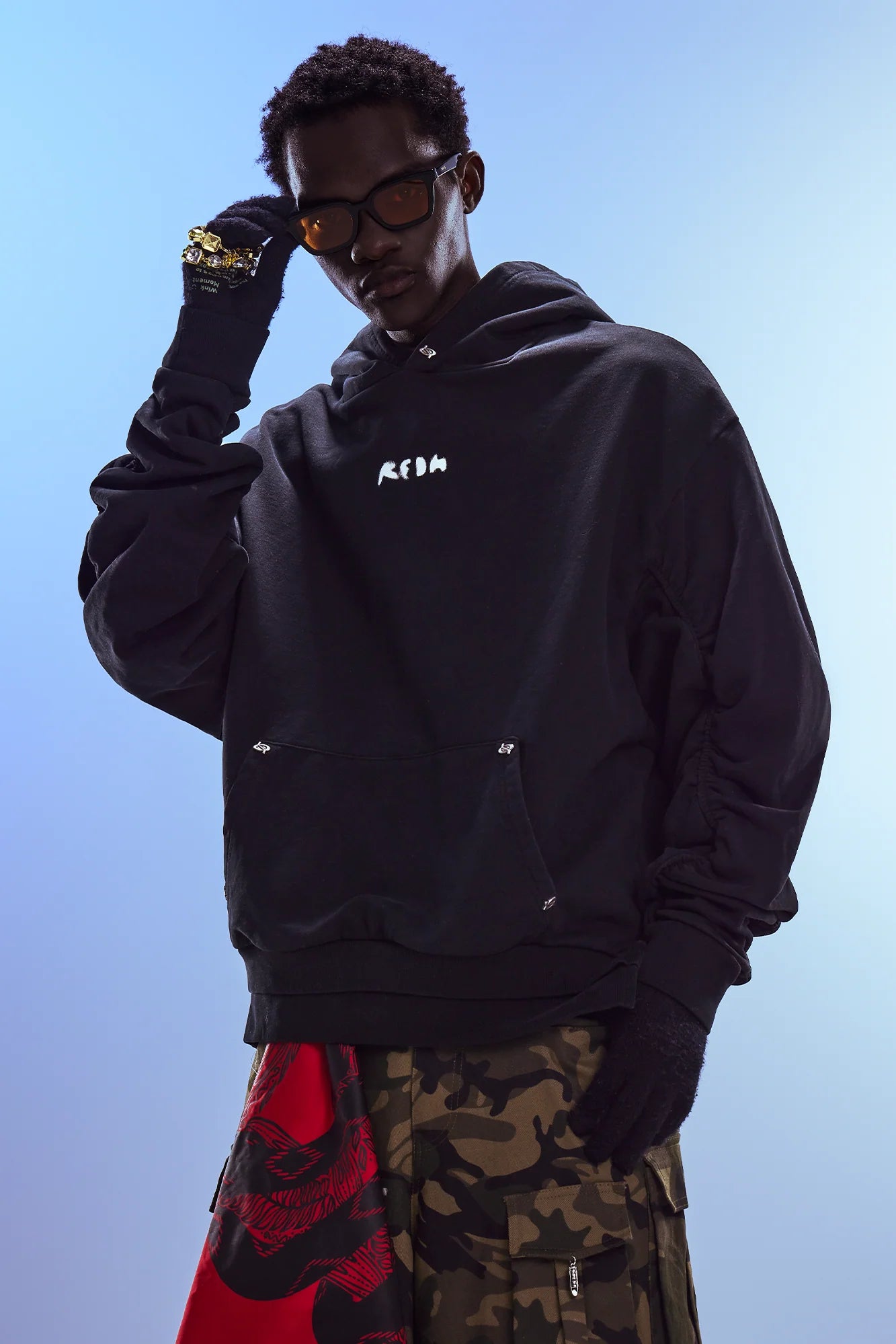 REDH Ruched Sleeve Washed Hoodie