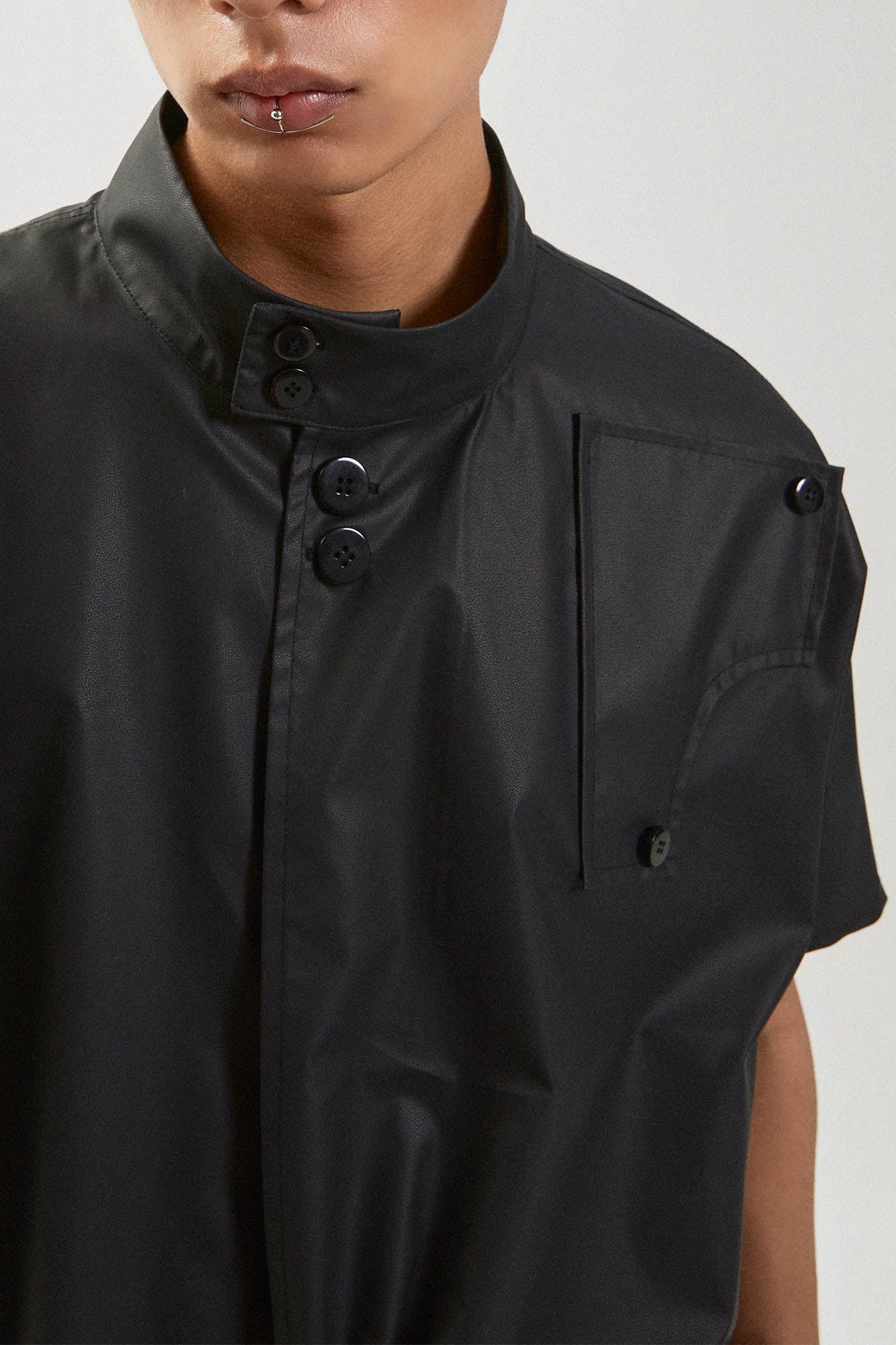 KADAKADA Asymmetrical Pleated Faux Leather Half Shirt