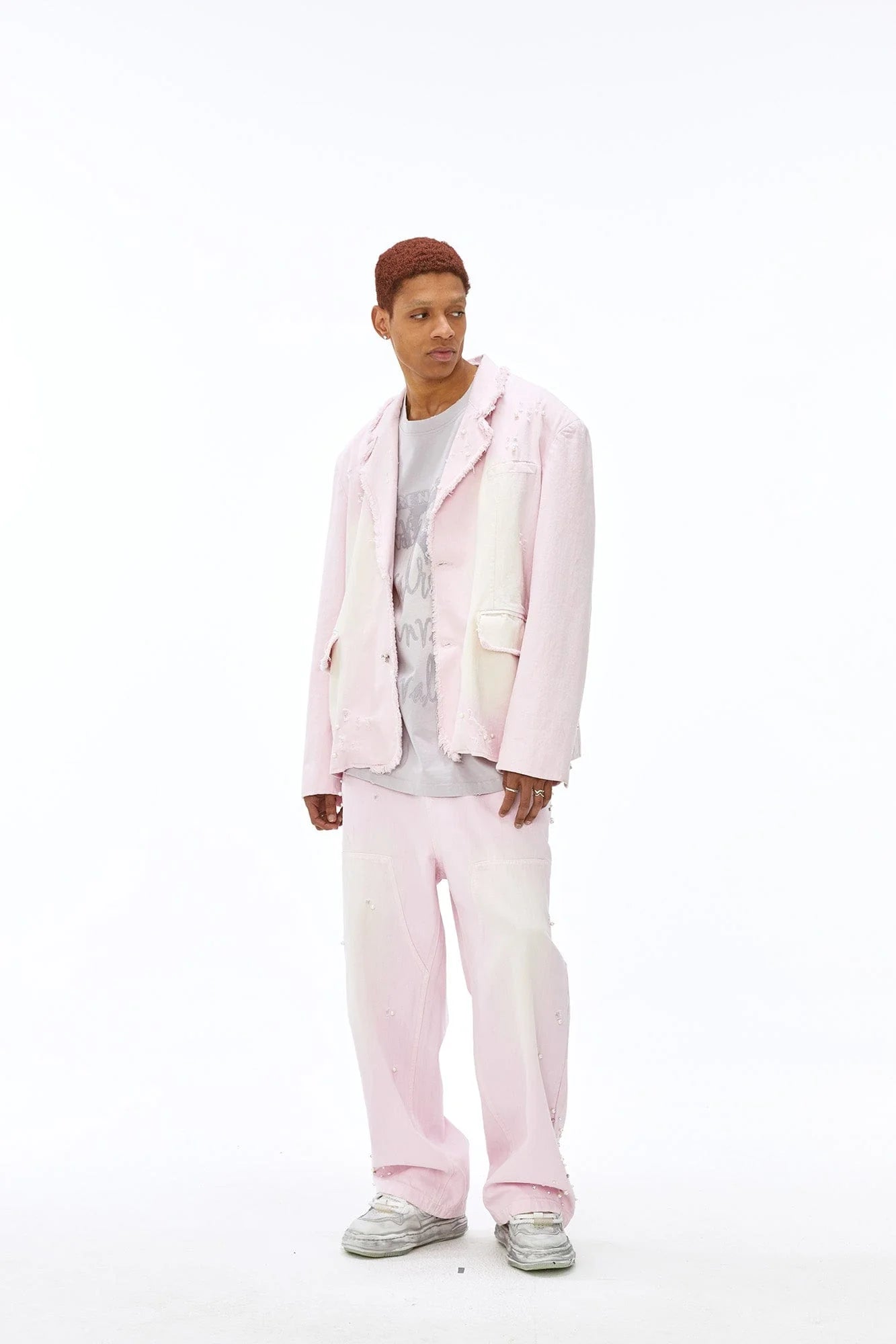 VANN VALRENCE Washed Beaded Frayed Denim Jacket