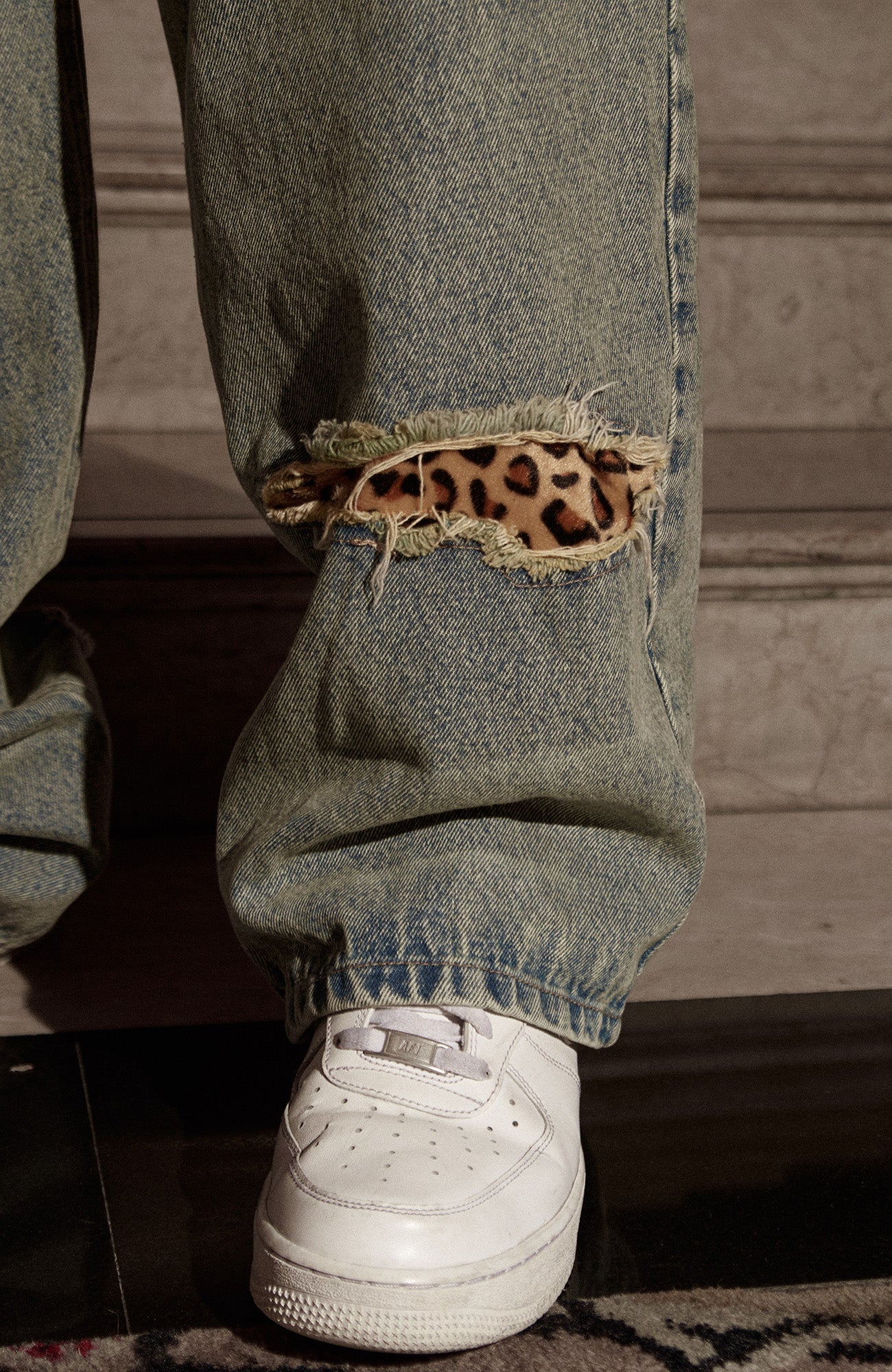 PHANTOMHUNTER Washed Leopard Patch Baggy Jeans