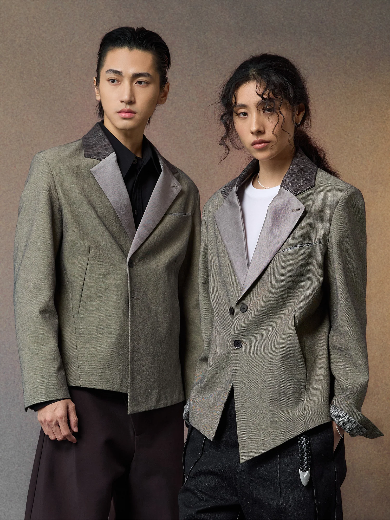 ALVNG AR ANTS Spliced Dual-Collar Linen-Blend Blazer