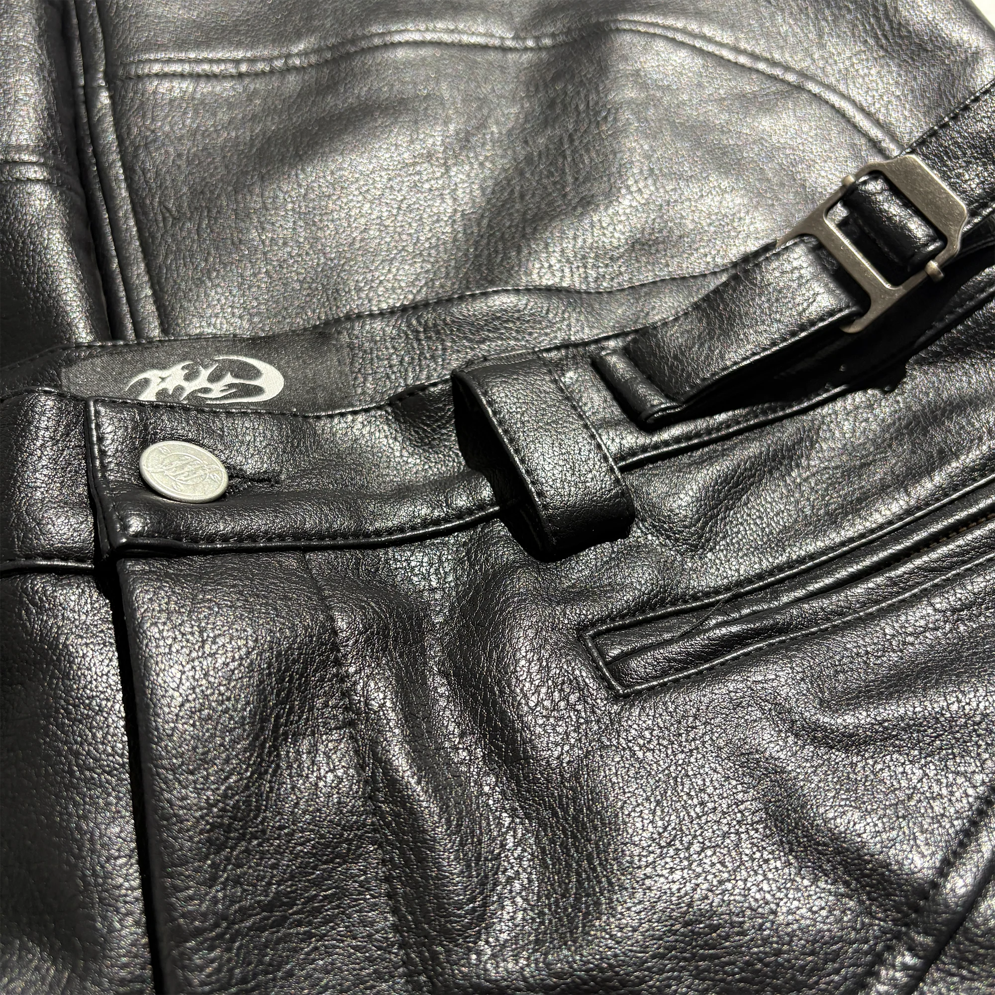 PCCVISION Pleated Knee Flare Faux Leather Pants