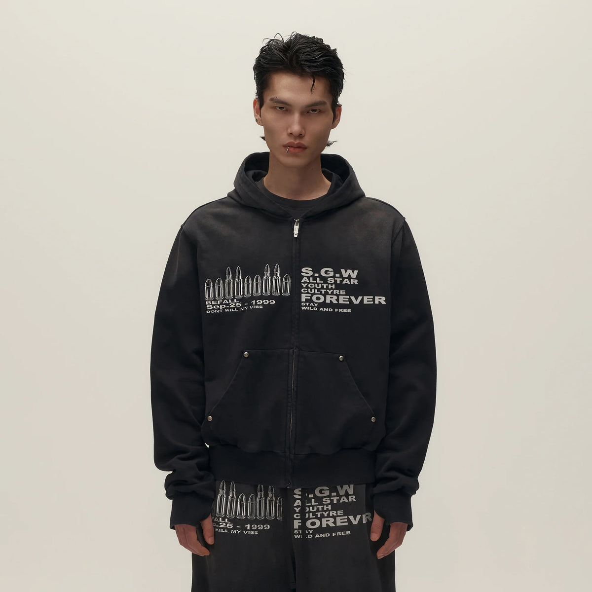 SAVAGEGROWTHWORLD Bullet Hole Graphic Washed Zip-Up Hoodie