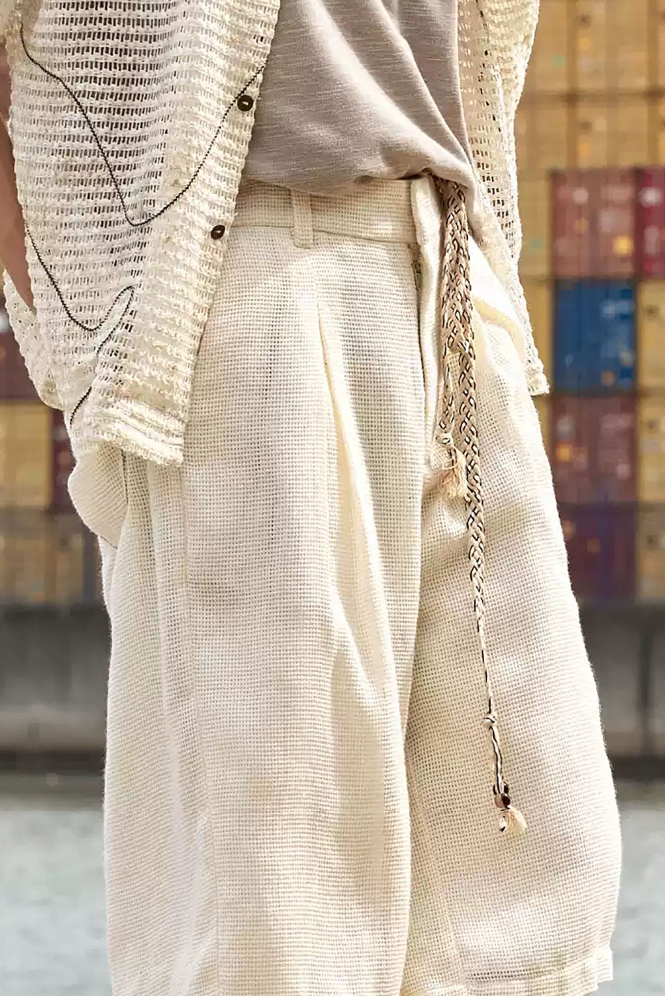 ALVNG AR ANTS Textured Mesh Pleated Braided Tassel Belt Shorts