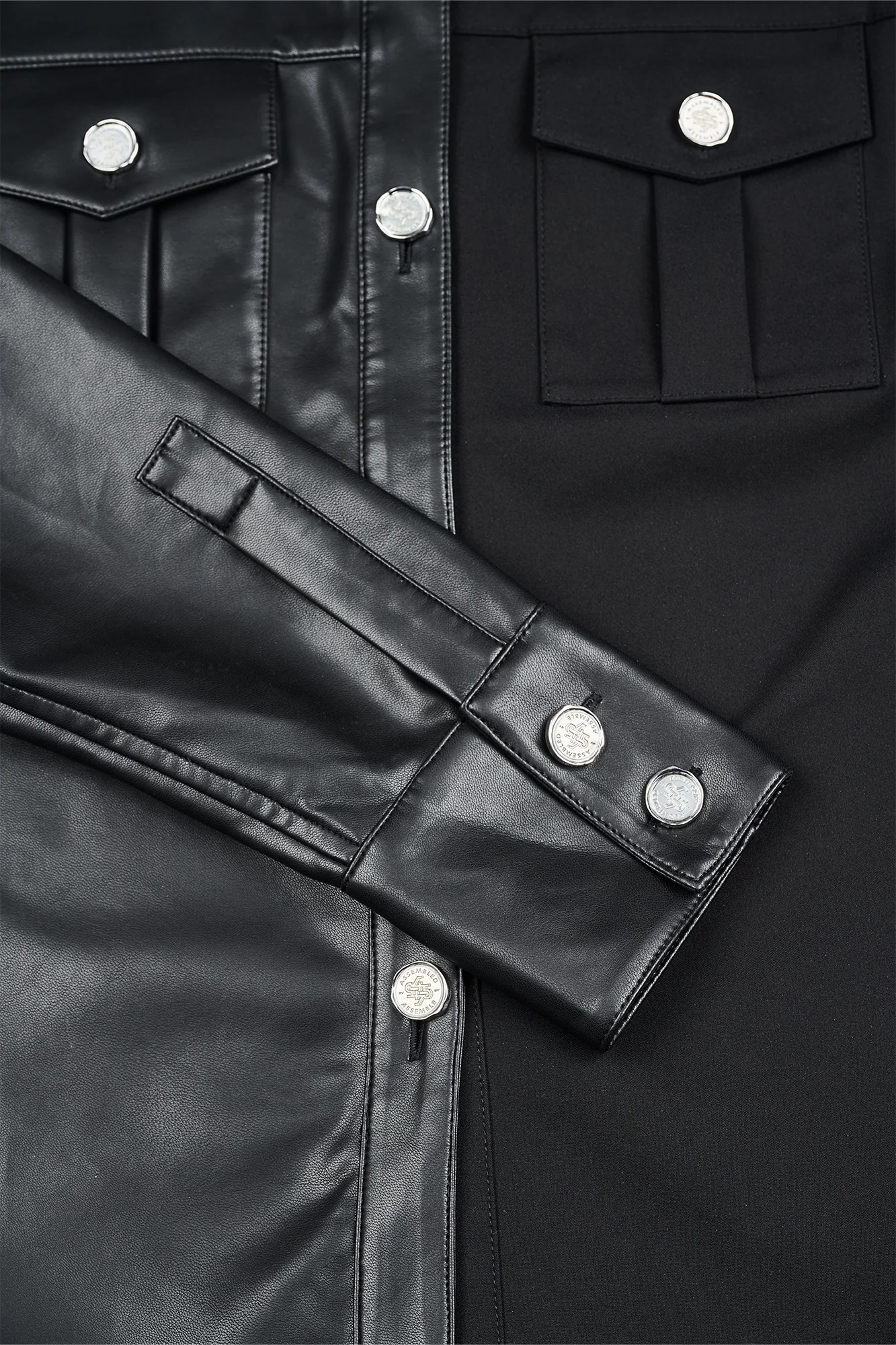 455EMBLE Faux Leather Panelled Epaulette Slim Shirt