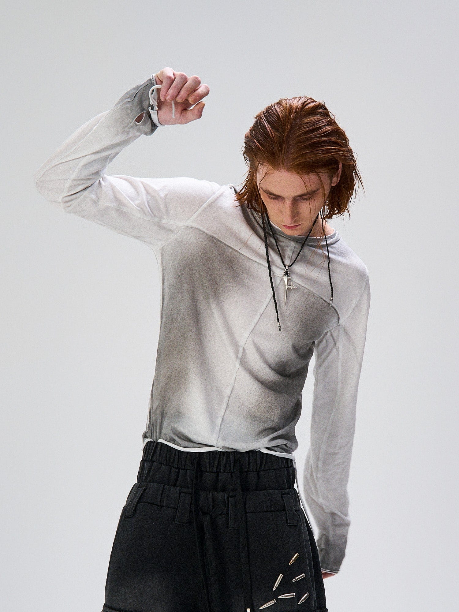 FLYERRER Washed Gradient Cross-Panel Raw-Edge Long-Sleeve Tee