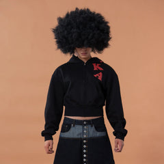 CLP Letter Patch Cropped Zip-Up Hoodie