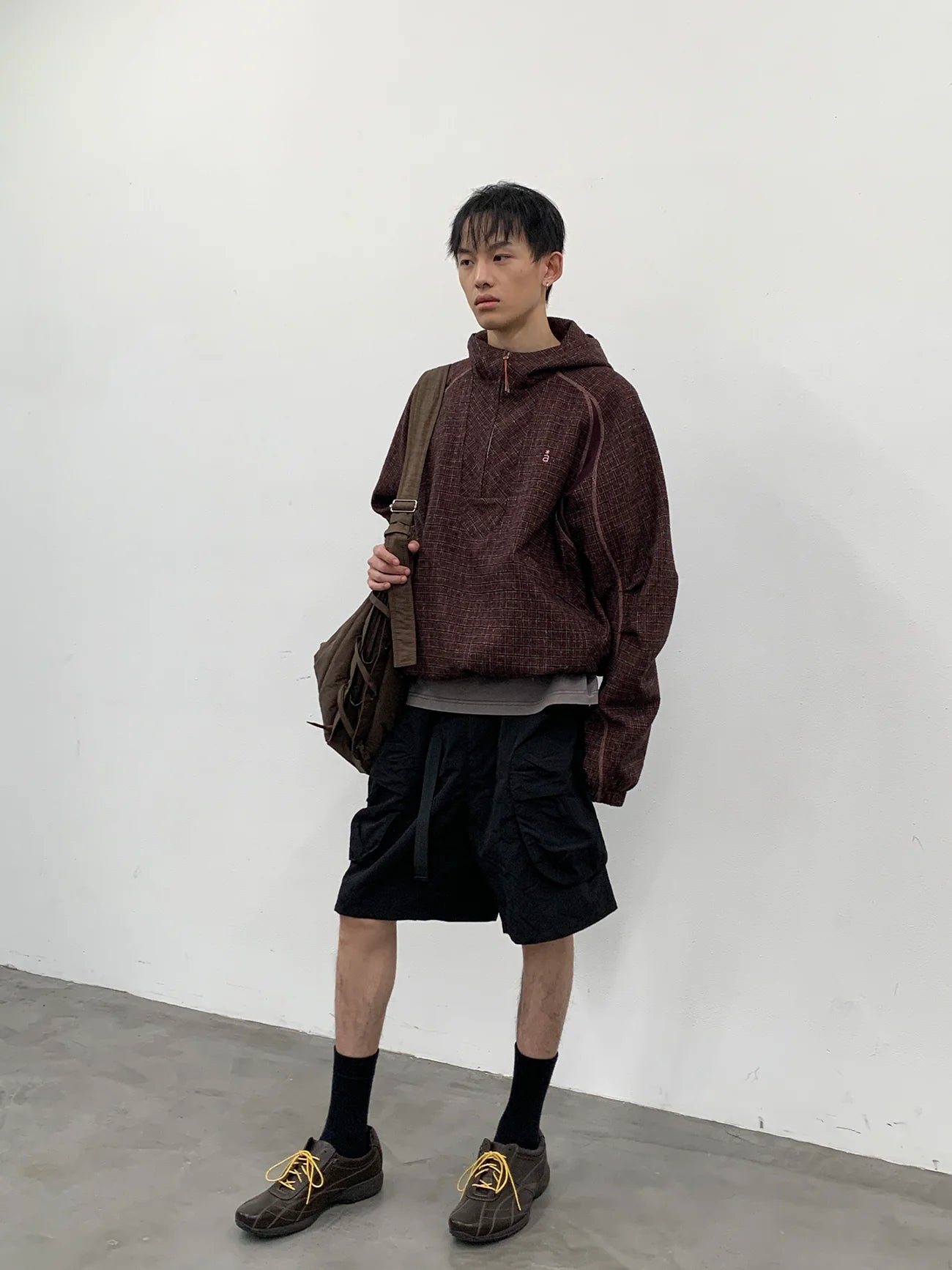 ROARINGWILD A ARCH Plaid Paneled Half-Zip Hooded Jacket